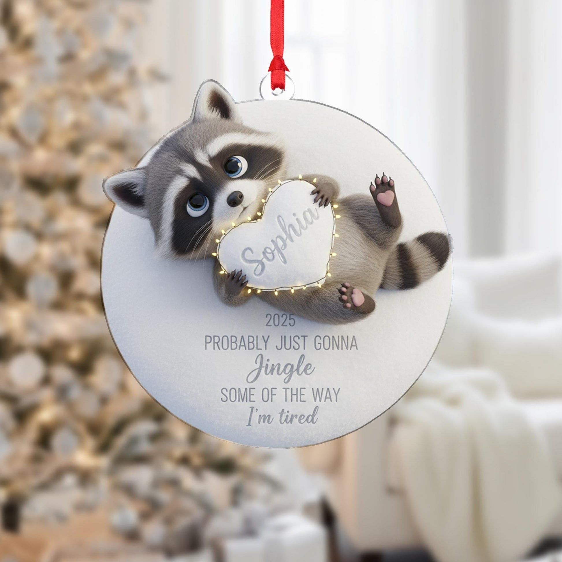 Personalized Raccoon Ornament: Funny 'I'm Tired' Quote, Custom Name Heart, 3D Effect image 2