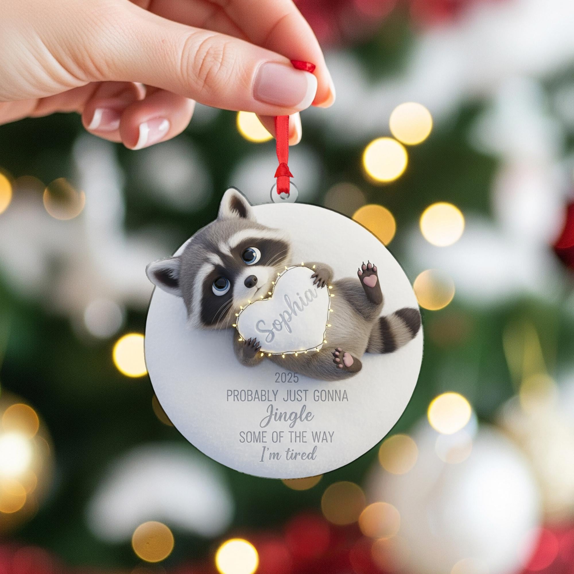 Personalized Raccoon Ornament: Funny 'I'm Tired' Quote, Custom Name Heart, 3D Effect image 5