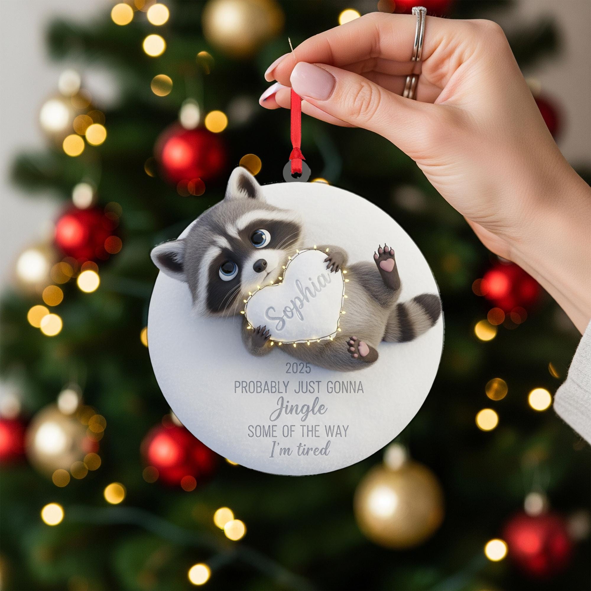 Personalized Raccoon Ornament: Funny 'I'm Tired' Quote, Custom Name Heart, 3D Effect image 7