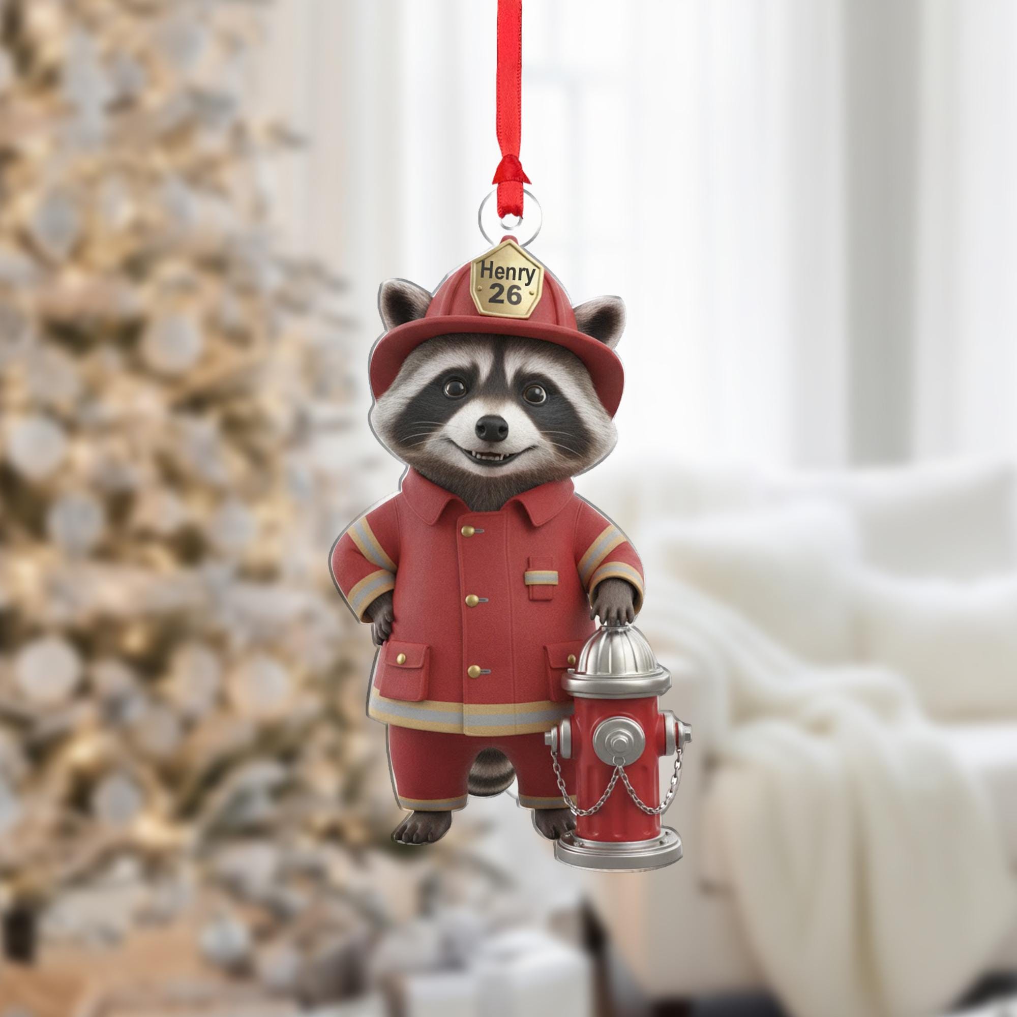 Personalized Raccoon Ornament: Firefighter Uniform, Custom Name and Number, Woodland Animal image 1