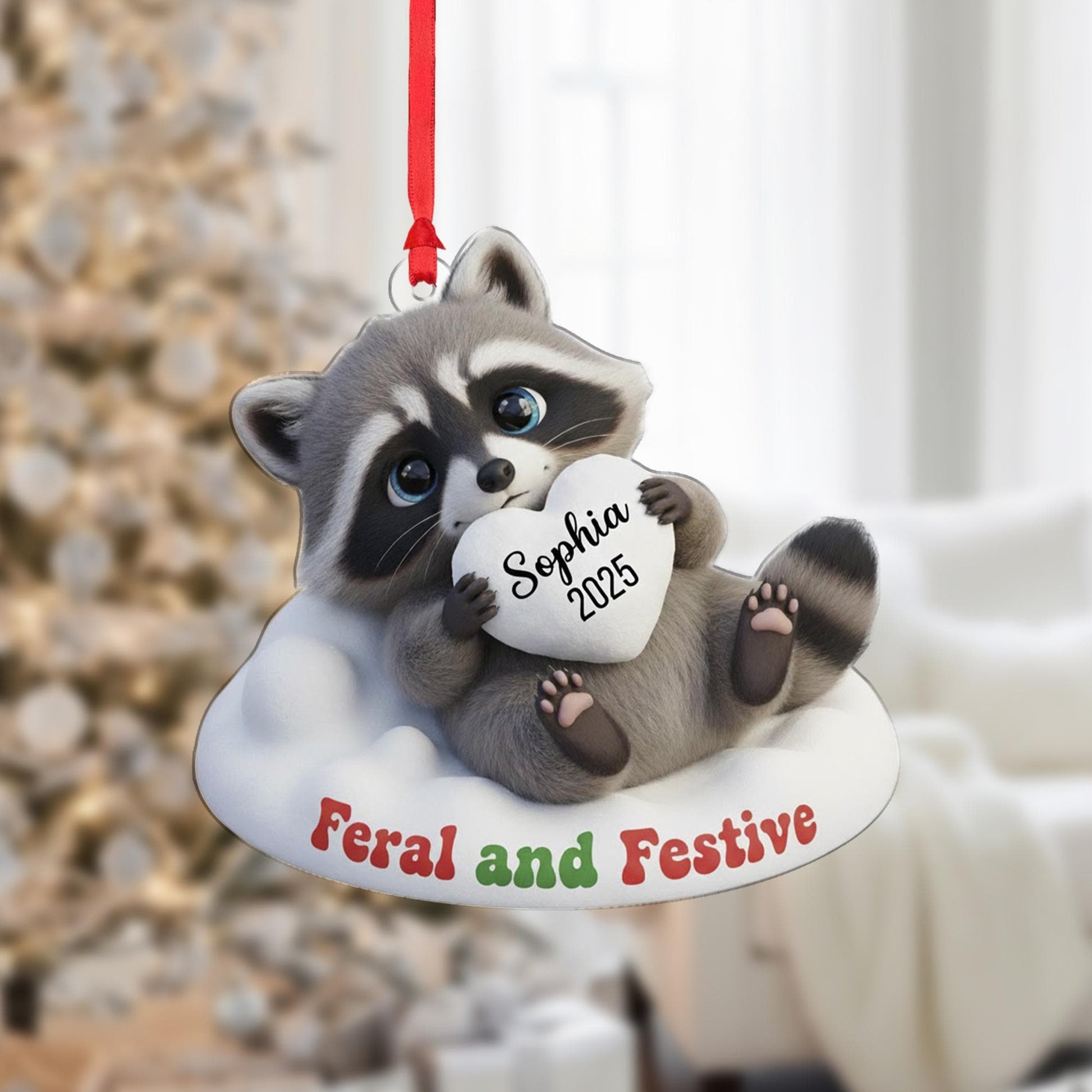 Personalized Raccoon Ornament: 'Feral and Festive' Quote, Custom Name Heart, 3D Effect image 2
