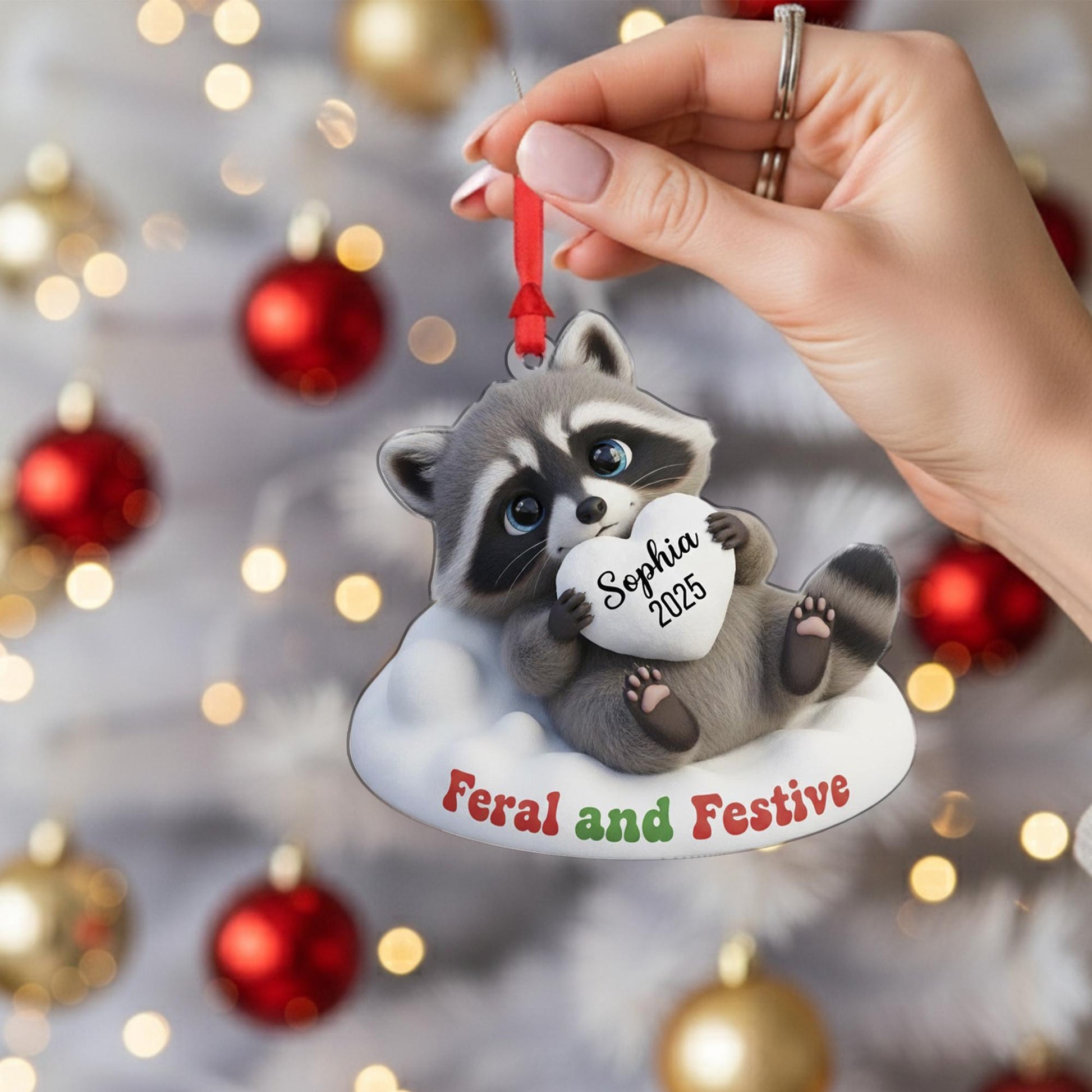 Personalized Raccoon Ornament: 'Feral and Festive' Quote, Custom Name Heart, 3D Effect image 6