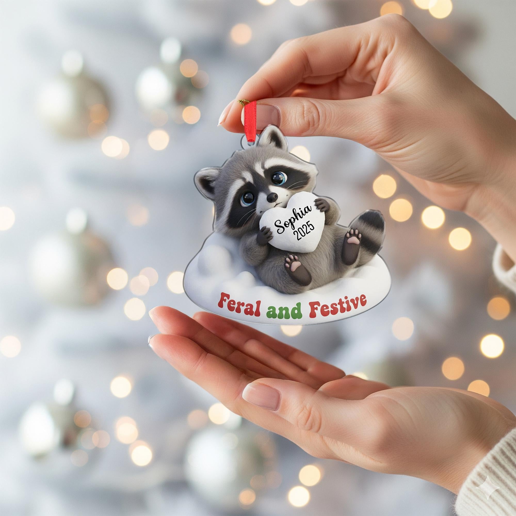 Personalized Raccoon Ornament: 'Feral and Festive' Quote, Custom Name Heart, 3D Effect image 4