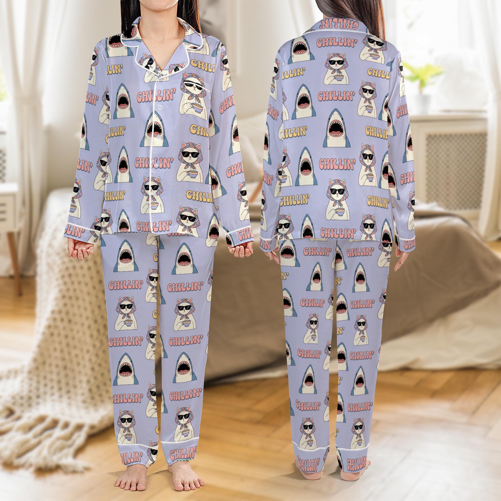 Custom Satin Pajama Set: All-Over Print Loungewear with Shark and Cat Pattern, Long Sleeve image 2