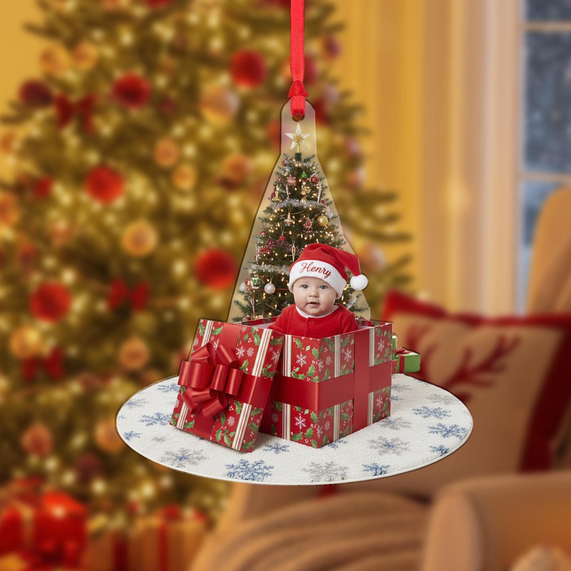 Personalized Acrylic Ornament: Custom Baby Photo, Name in Santa Hat, Gift Box Design image 3