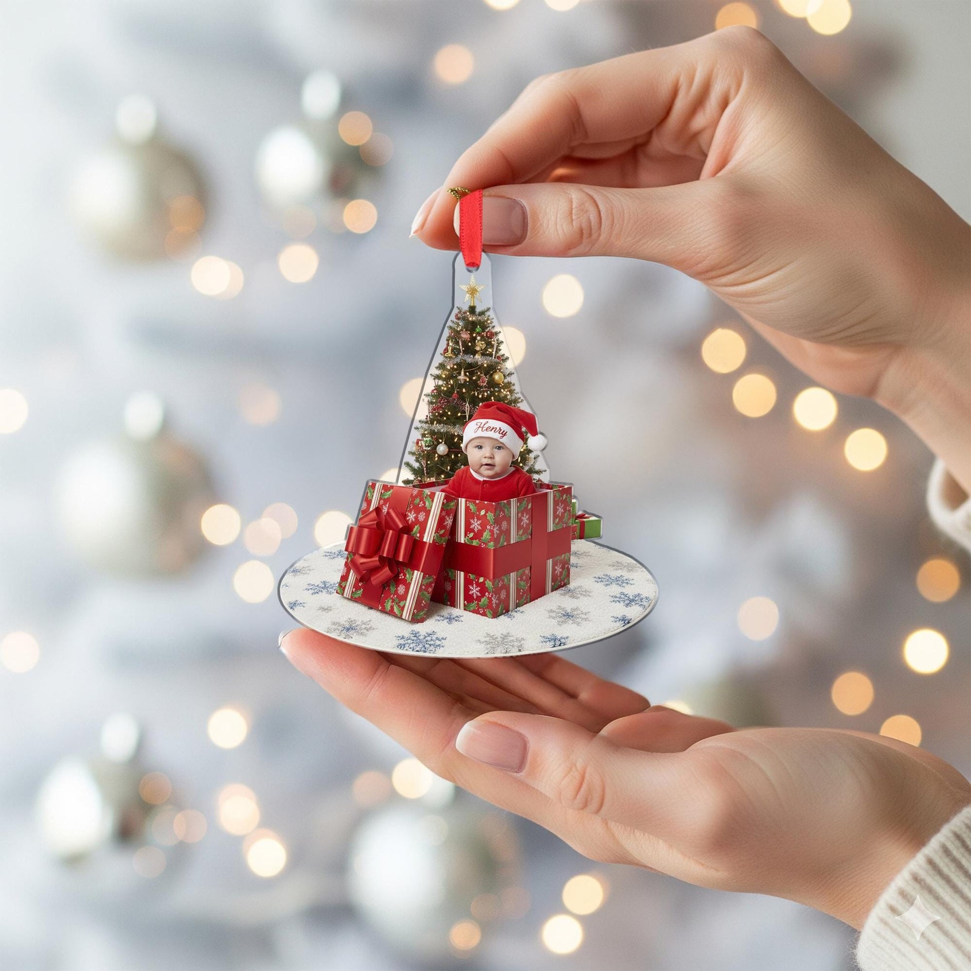 Personalized Acrylic Ornament: Custom Baby Photo, Name in Santa Hat, Gift Box Design image 5