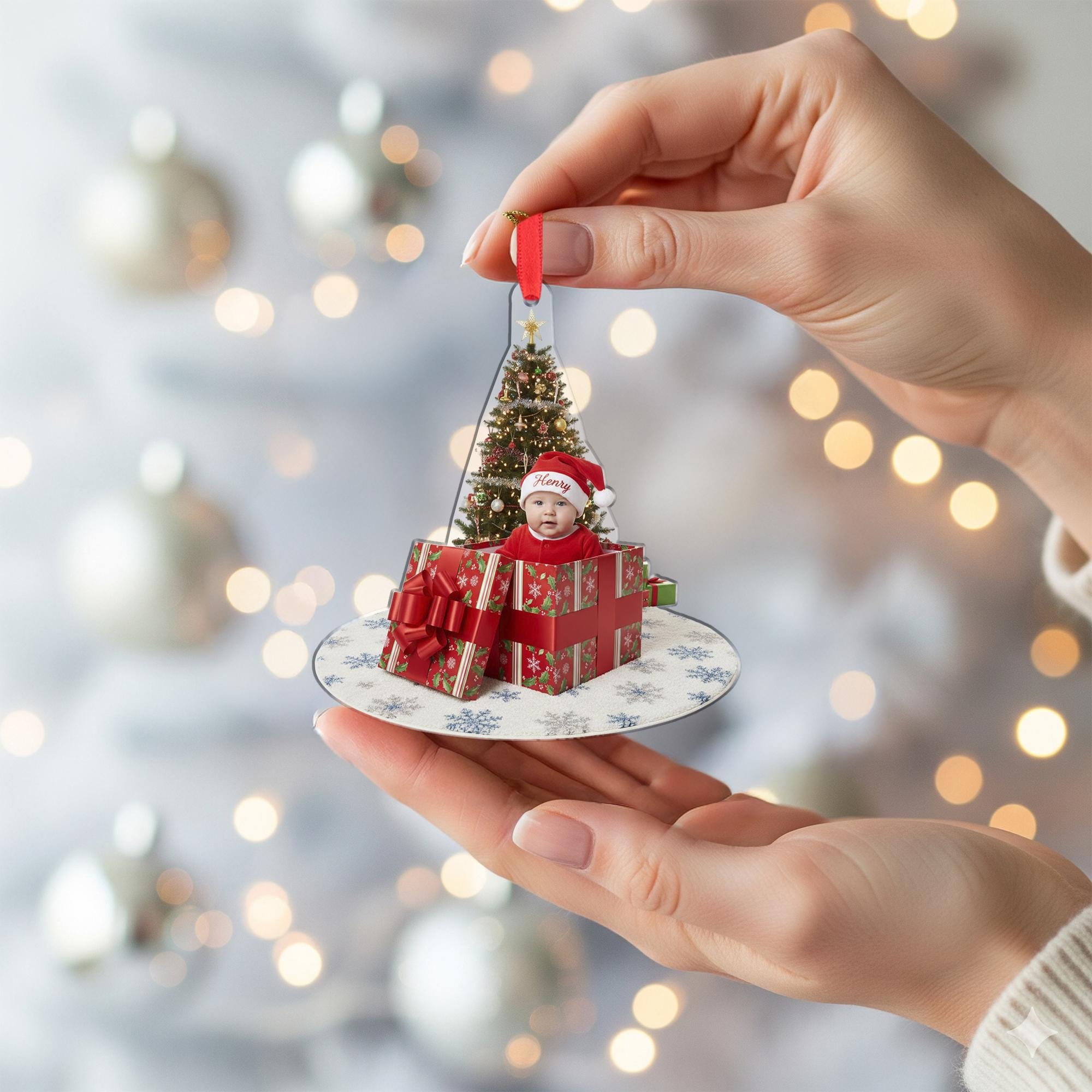 Personalized Acrylic Ornament: Custom Baby Photo, Name in Santa Hat, Gift Box Design image 5