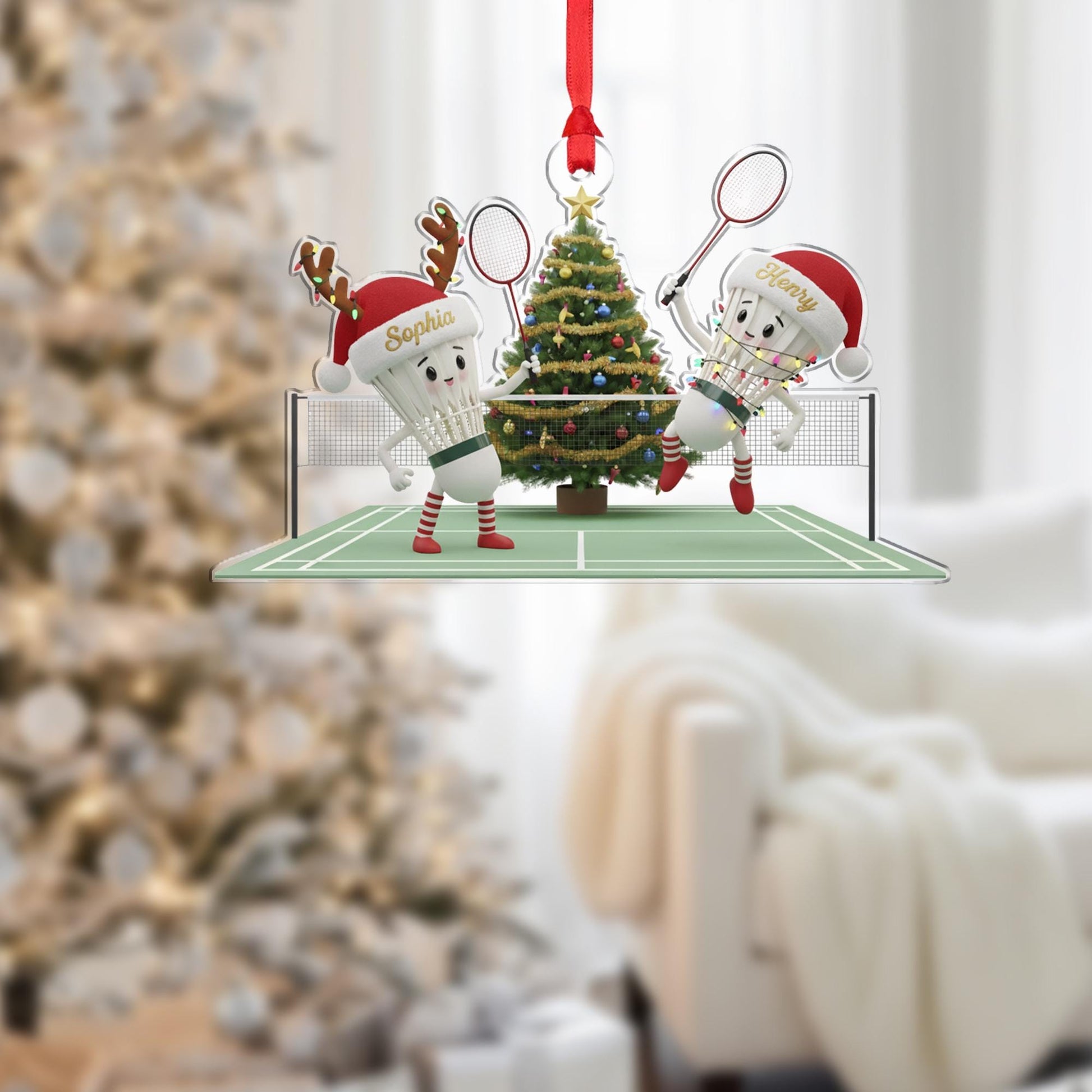 Personalized Acrylic Christmas Ornament: Badminton Players, Custom Name Shuttlecock Couple image 1