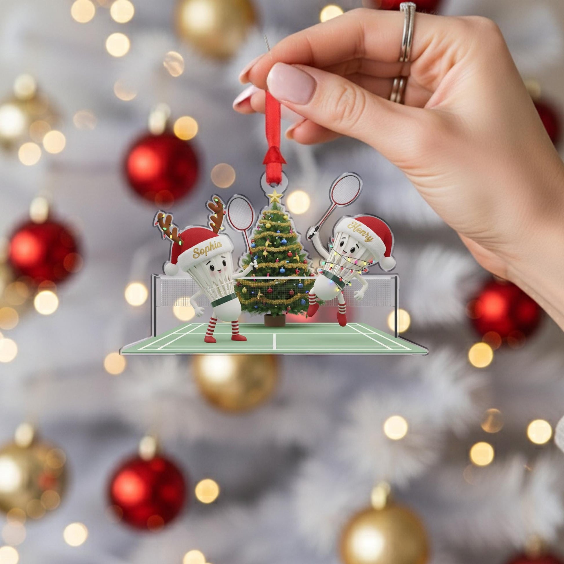 Personalized Acrylic Christmas Ornament: Badminton Players, Custom Name Shuttlecock Couple image 6