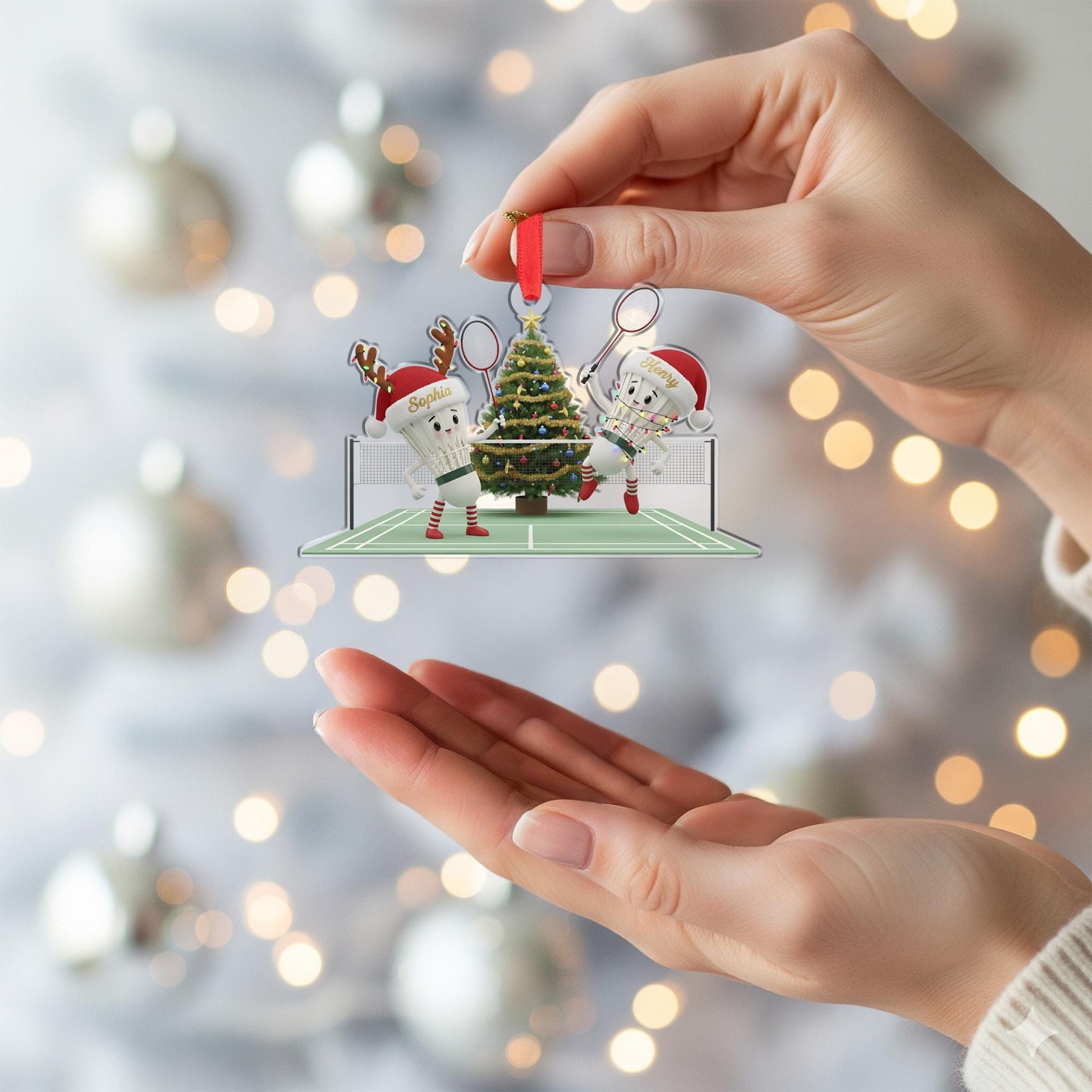 Personalized Acrylic Christmas Ornament: Badminton Players, Custom Name Shuttlecock Couple image 3