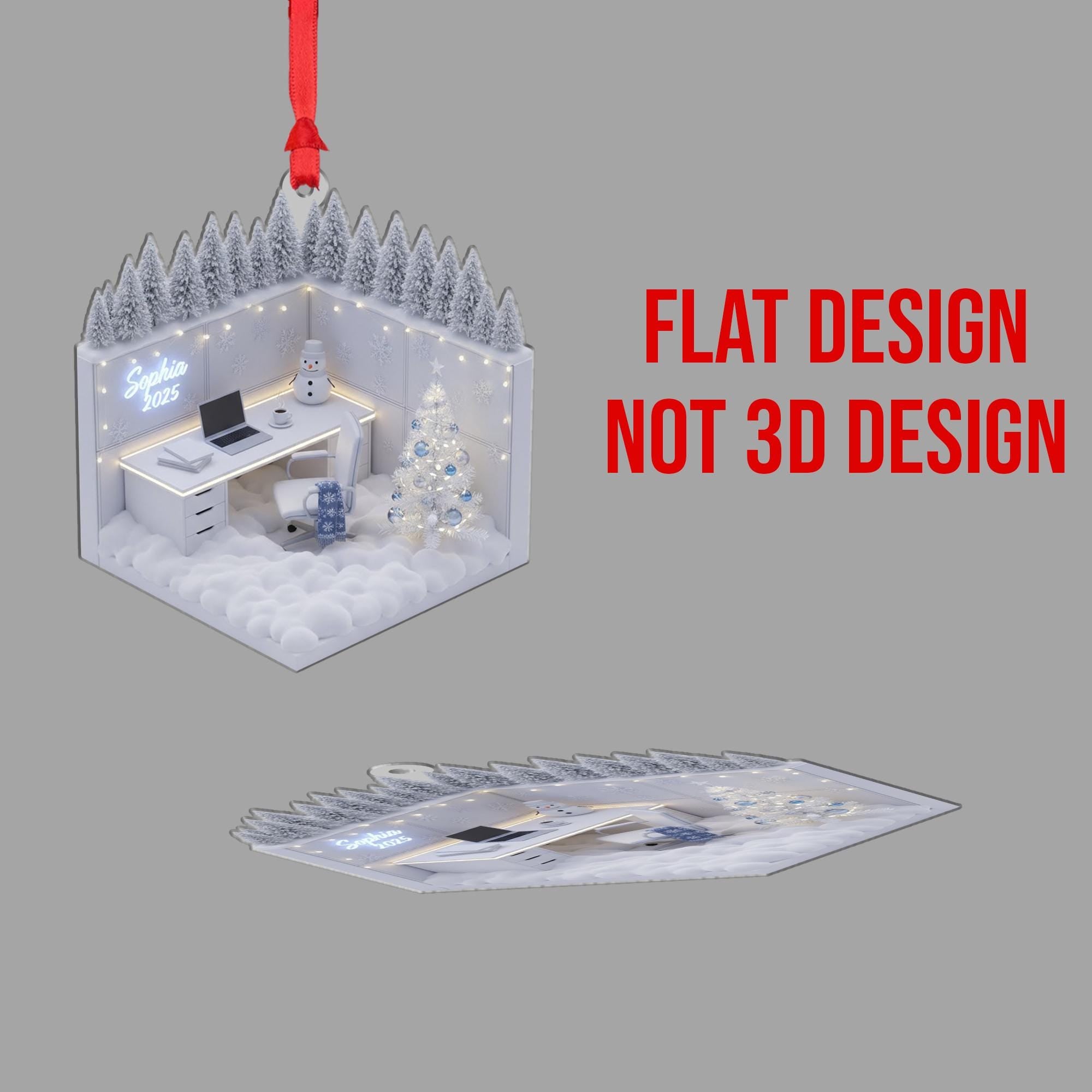 Personalized Acrylic Christmas Ornament: Miniature Office, Custom Name Sign, Winter Diorama image 3