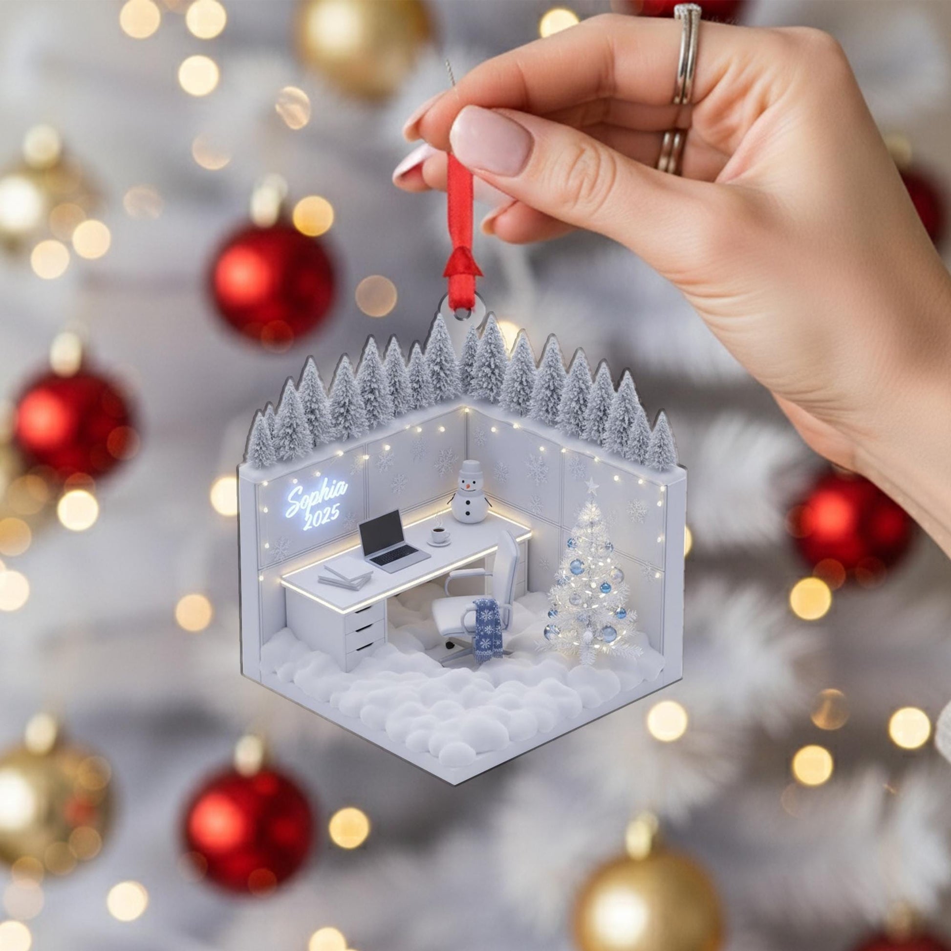 Personalized Acrylic Christmas Ornament: Miniature Office, Custom Name Sign, Winter Diorama image 6