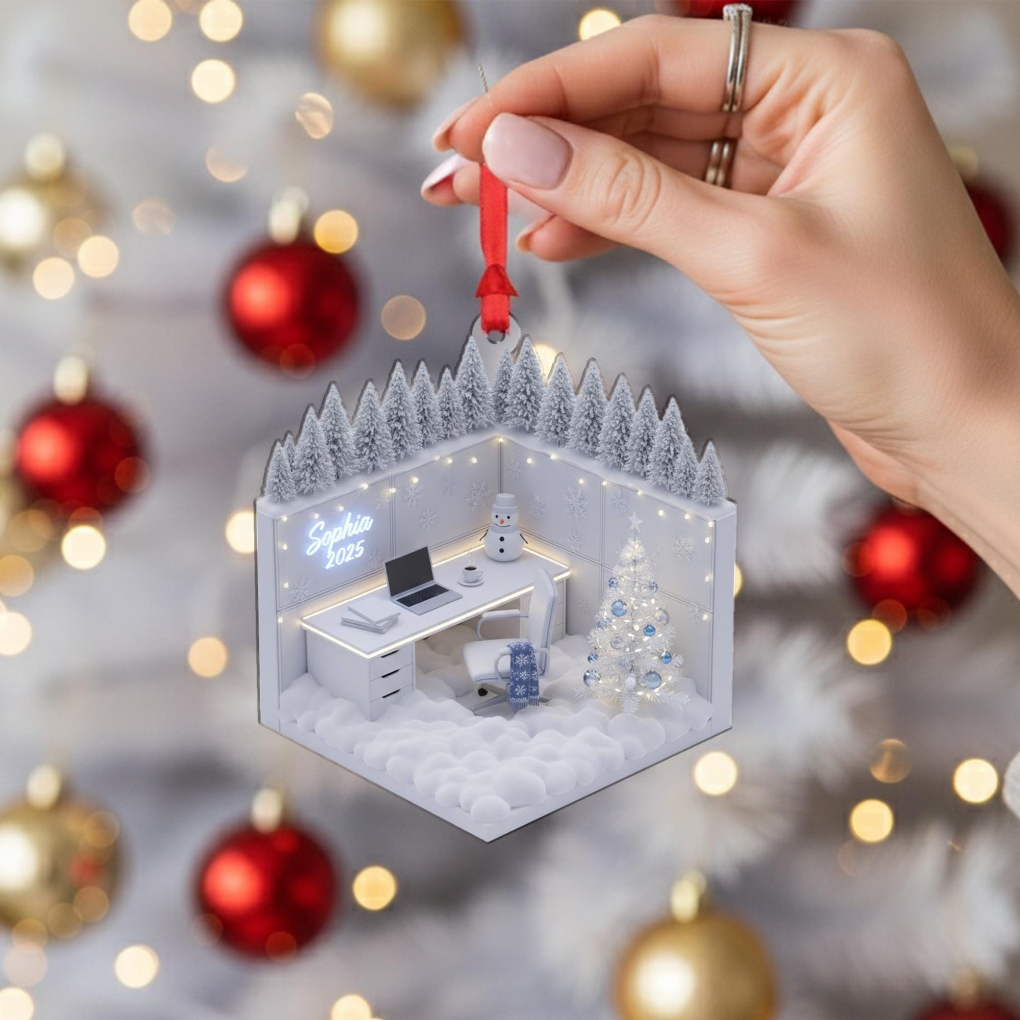 Personalized Acrylic Christmas Ornament: Miniature Office, Custom Name Sign, Winter Diorama image 6