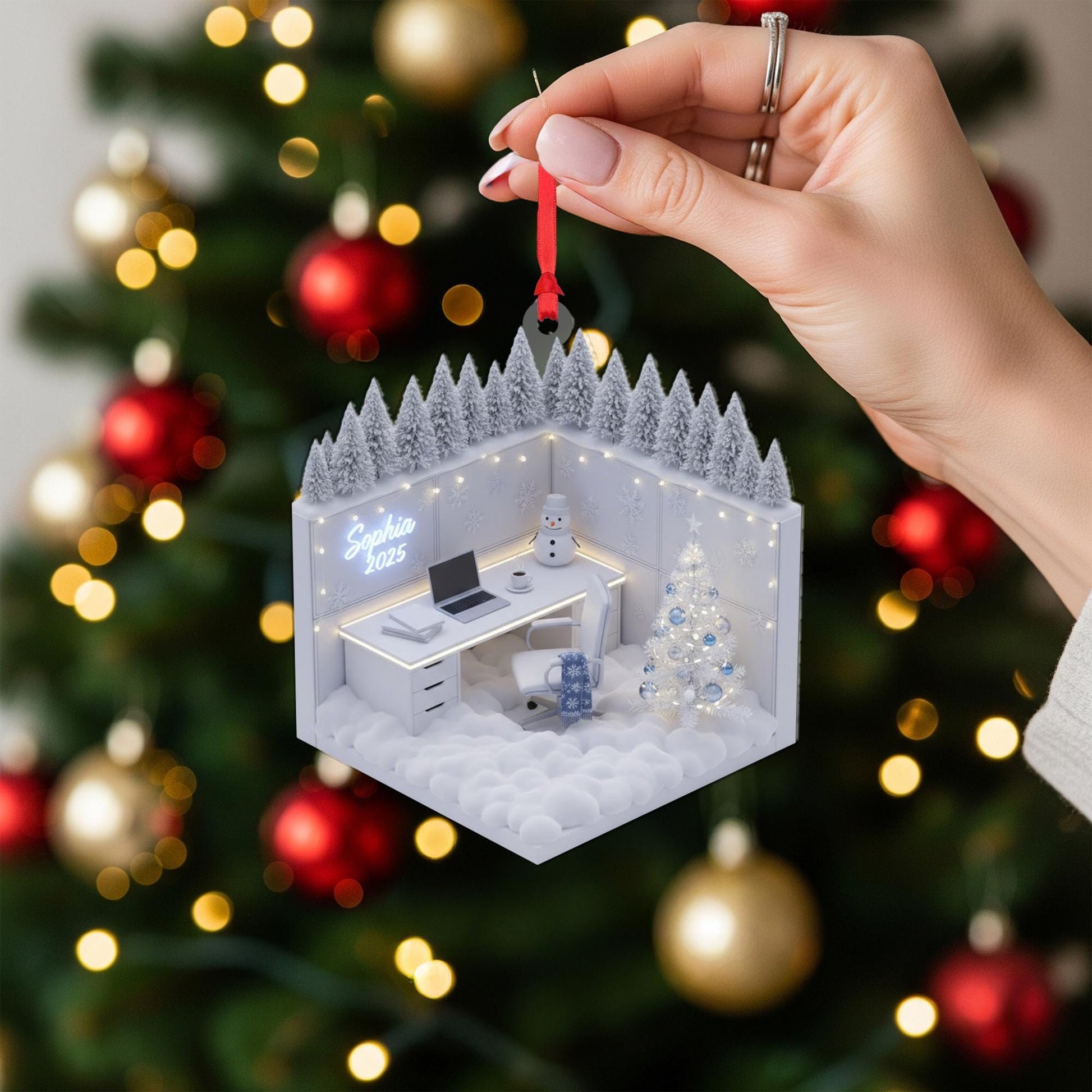 Personalized Acrylic Christmas Ornament: Miniature Office, Custom Name Sign, Winter Diorama image 7