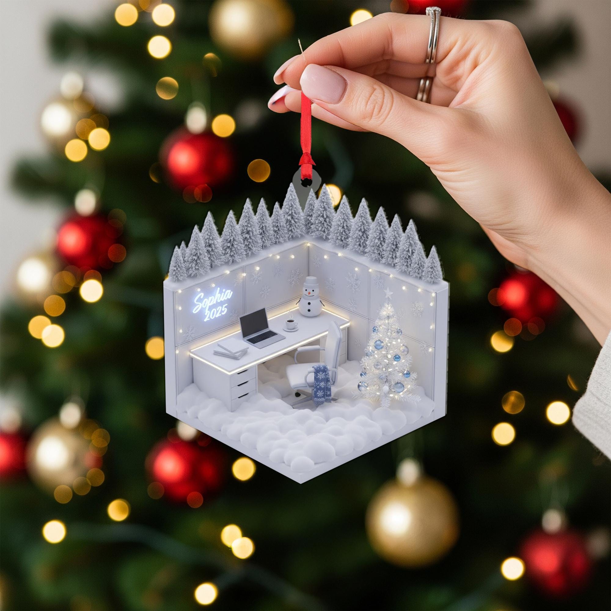 Personalized Acrylic Christmas Ornament: Miniature Office, Custom Name Sign, Winter Diorama image 7