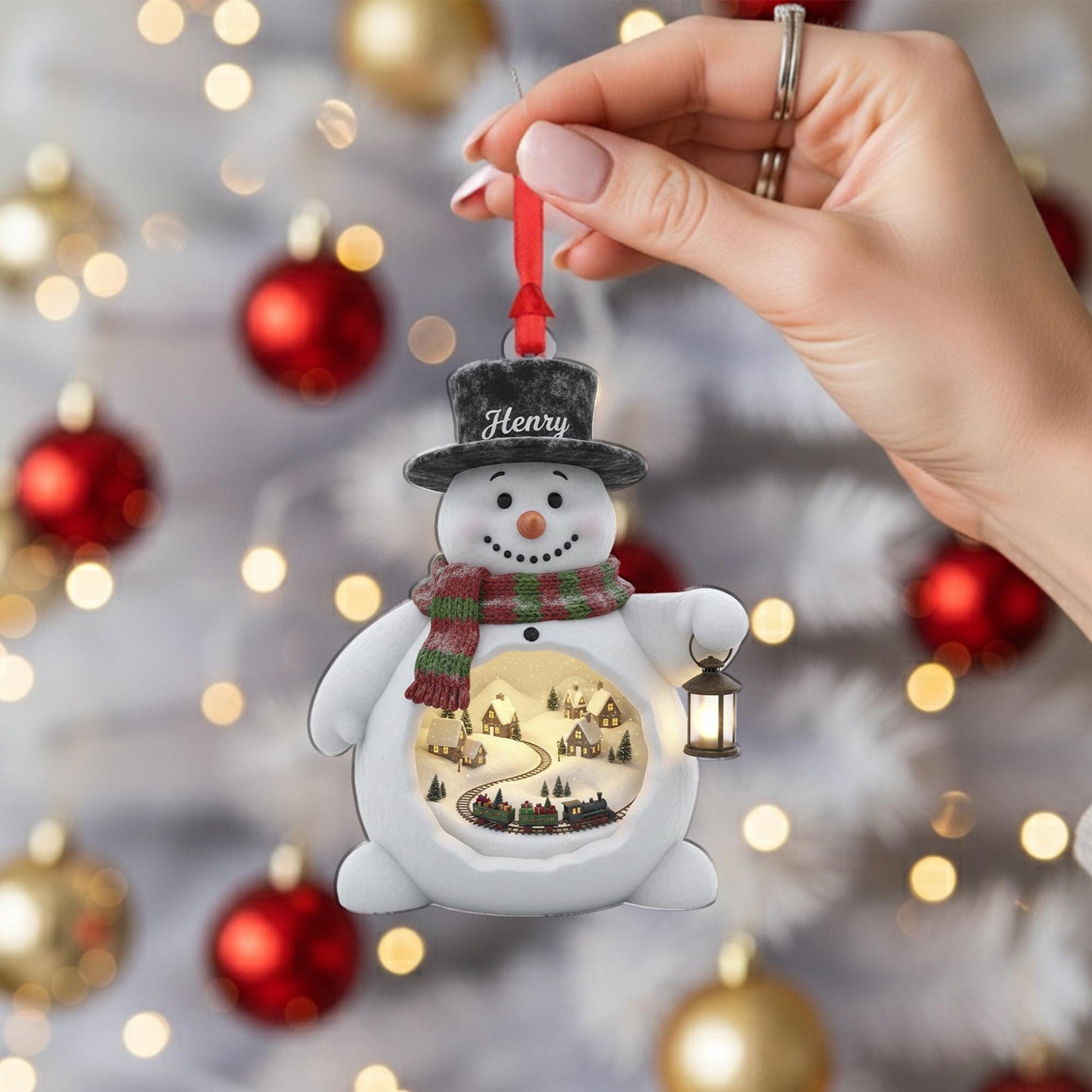 Personalized Acrylic Snowman Ornament: Light-Up Winter Diorama, Custom Name Hat, Miniature Train Scene image 6