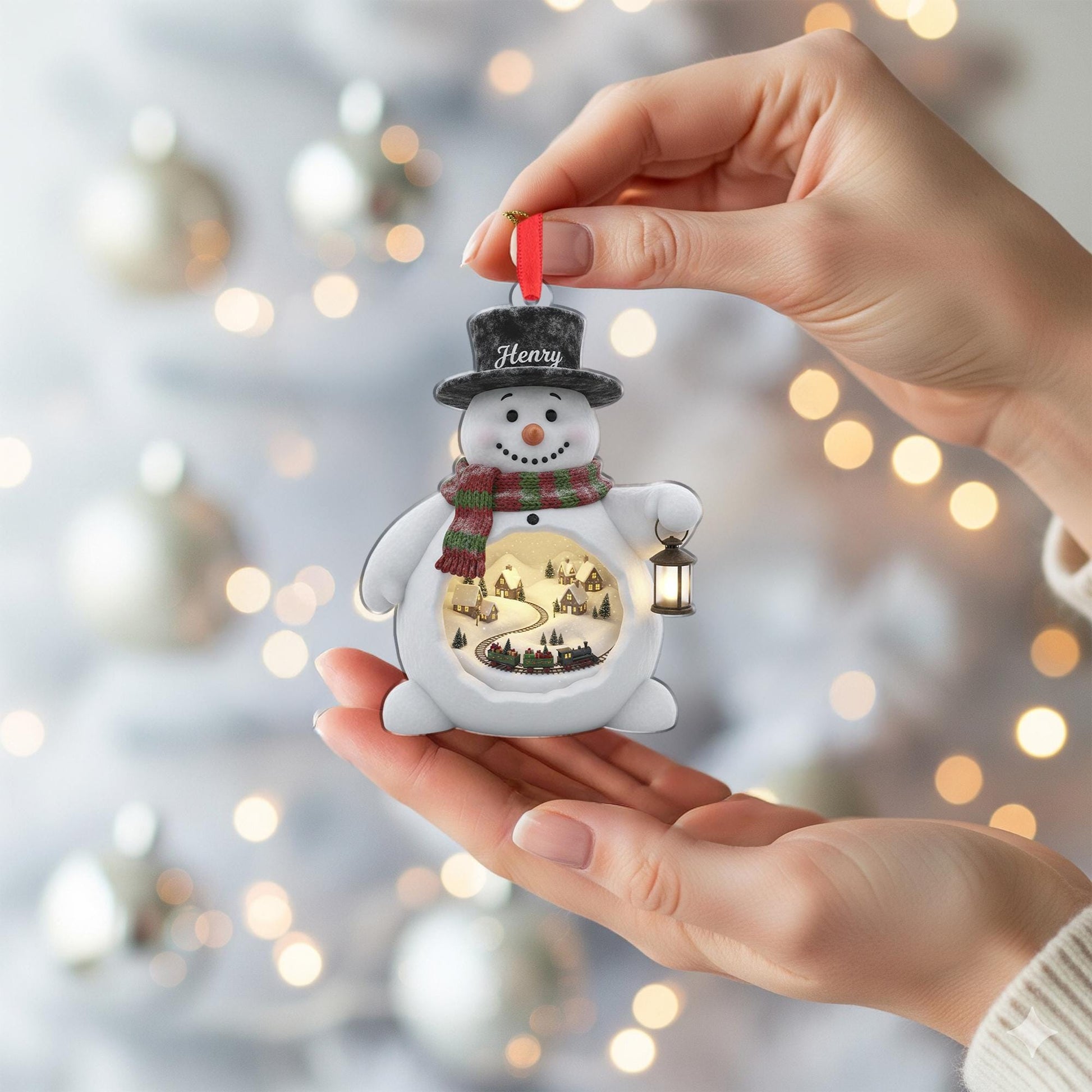 Personalized Acrylic Snowman Ornament: Light-Up Winter Diorama, Custom Name Hat, Miniature Train Scene image 4