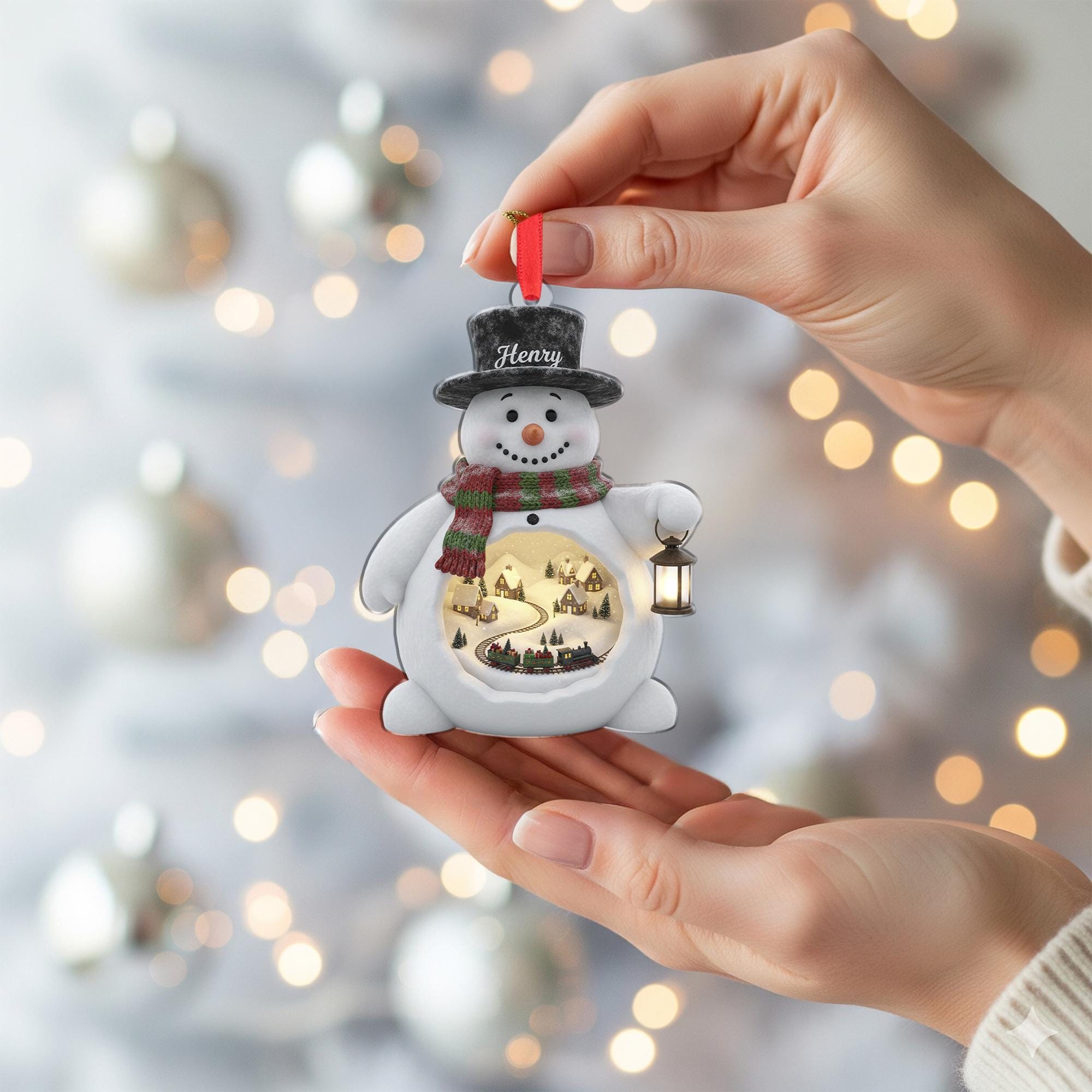 Personalized Acrylic Snowman Ornament: Light-Up Winter Diorama, Custom Name Hat, Miniature Train Scene image 4