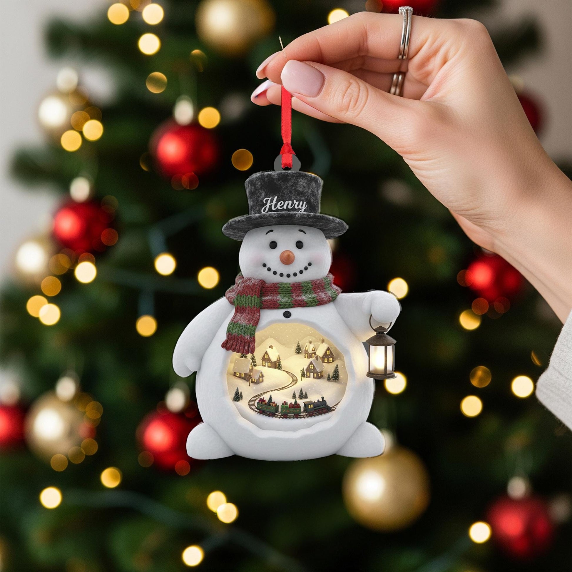 Personalized Acrylic Snowman Ornament: Light-Up Winter Diorama, Custom Name Hat, Miniature Train Scene image 7