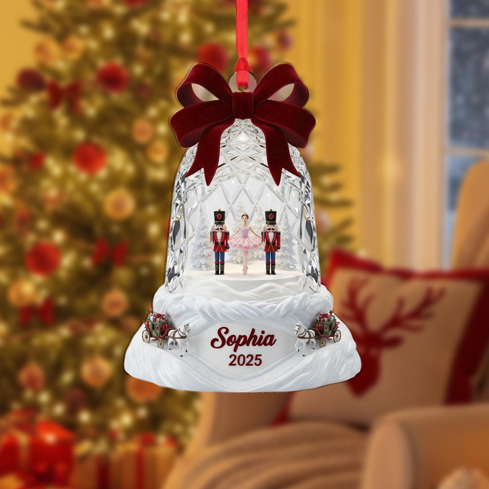 Personalized Acrylic Bell Ornament: Nutcracker Diorama, Custom Name, Ballerina Scene image 1