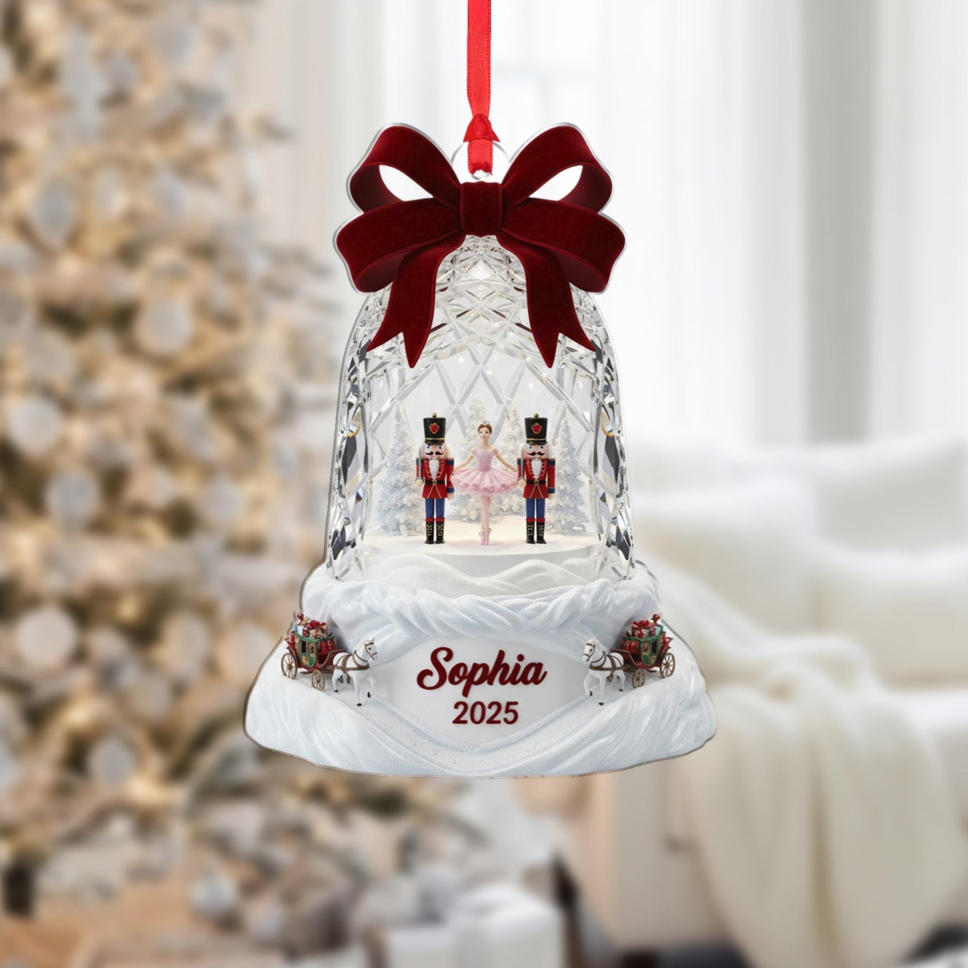 Personalized Acrylic Bell Ornament: Nutcracker Diorama, Custom Name, Ballerina Scene image 2