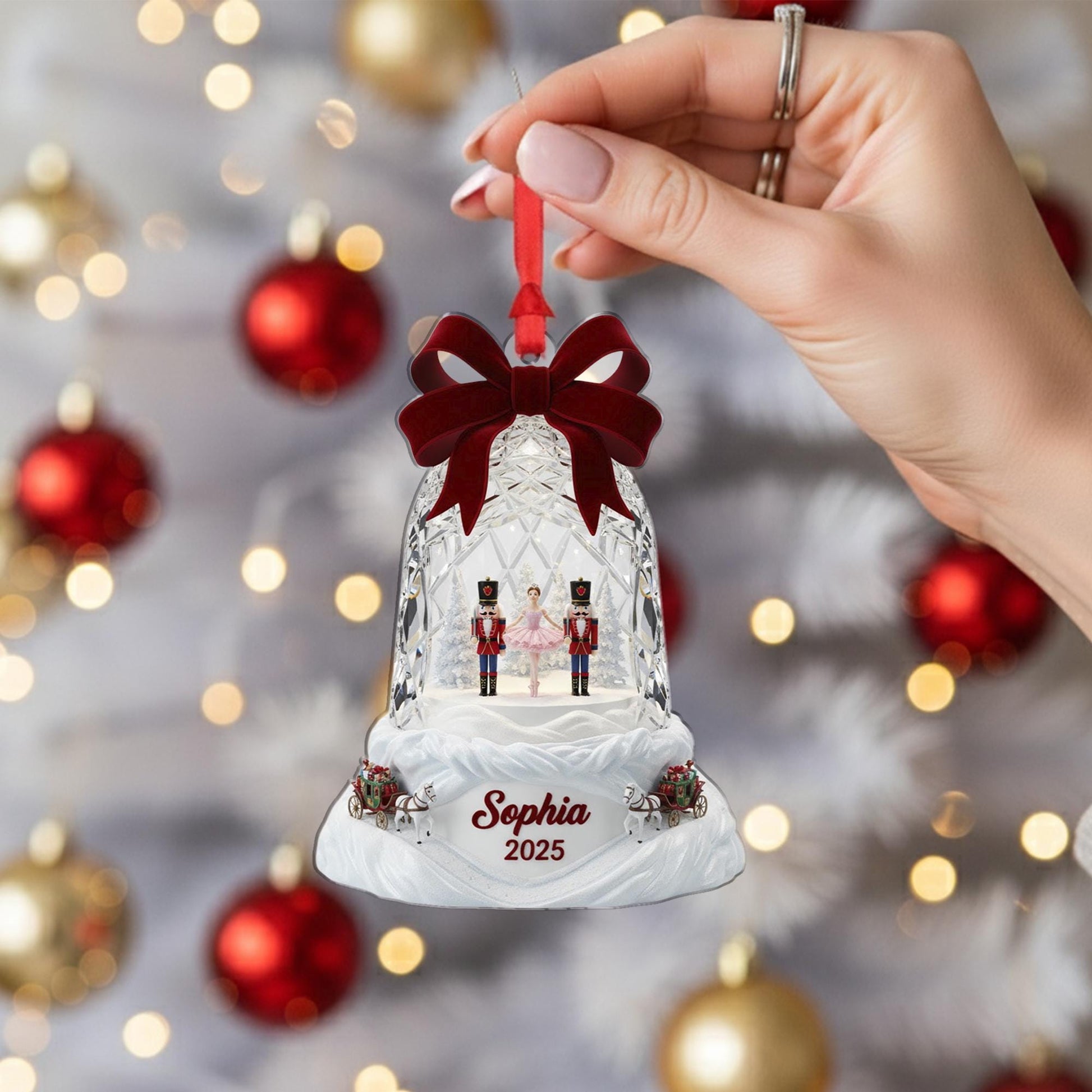Personalized Acrylic Bell Ornament: Nutcracker Diorama, Custom Name, Ballerina Scene image 6