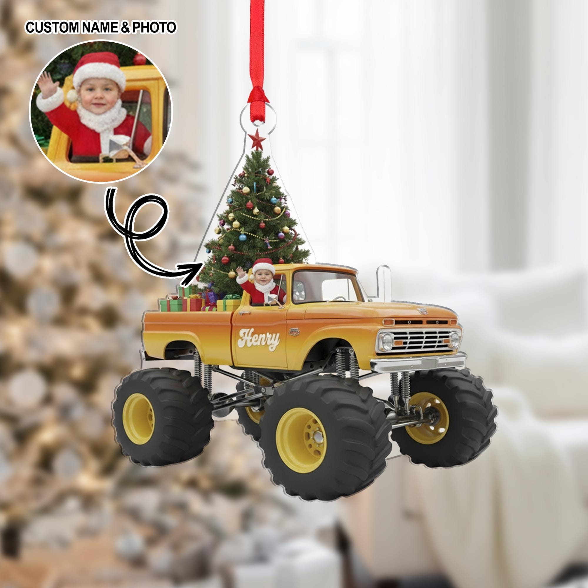 Personalized Acrylic Ornament: Monster Truck, Custom Photo Insert, Custom Name image 1