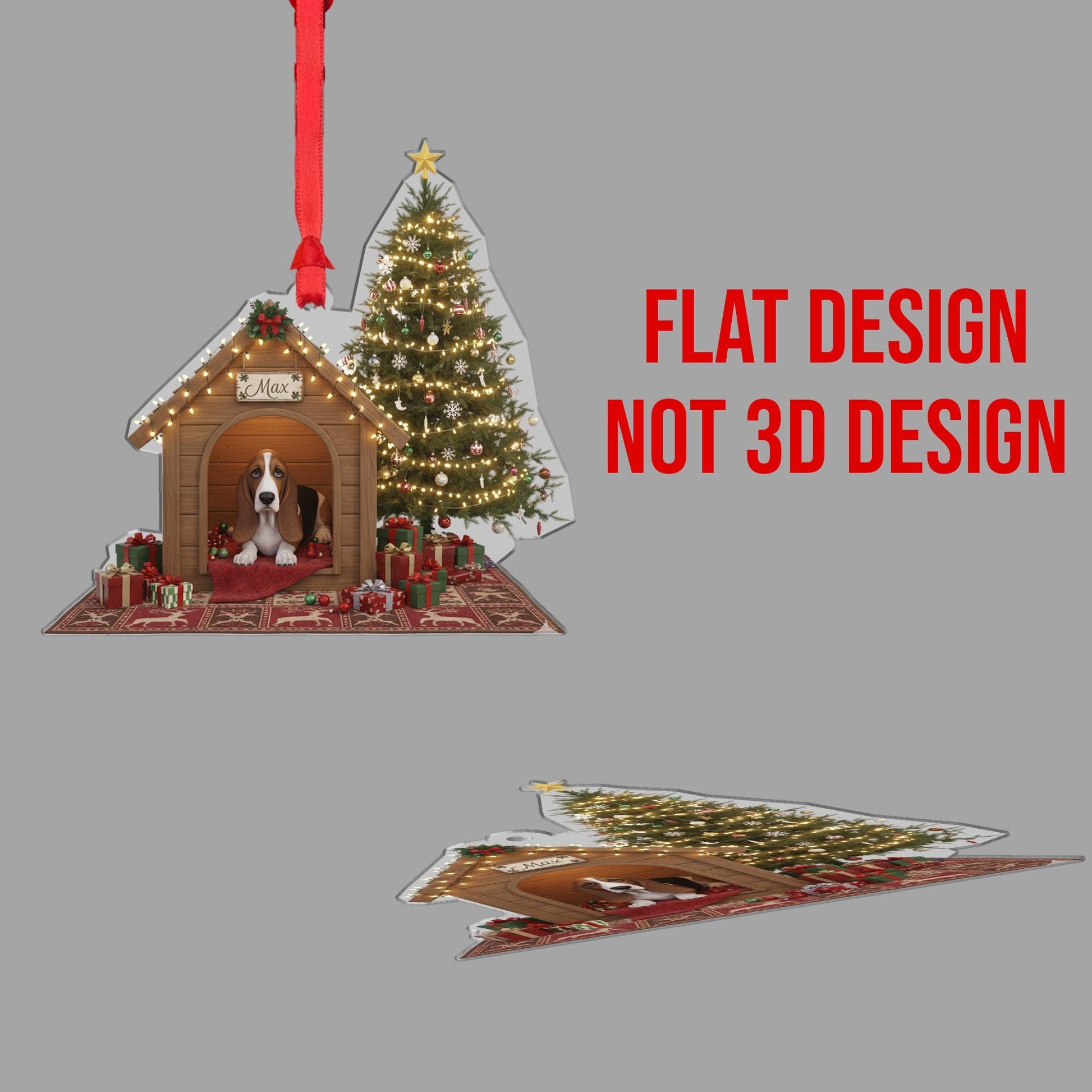 Personalized Acrylic Christmas Ornament: Basset Hound, Custom Name Doghouse, Light-Up Scene image 3