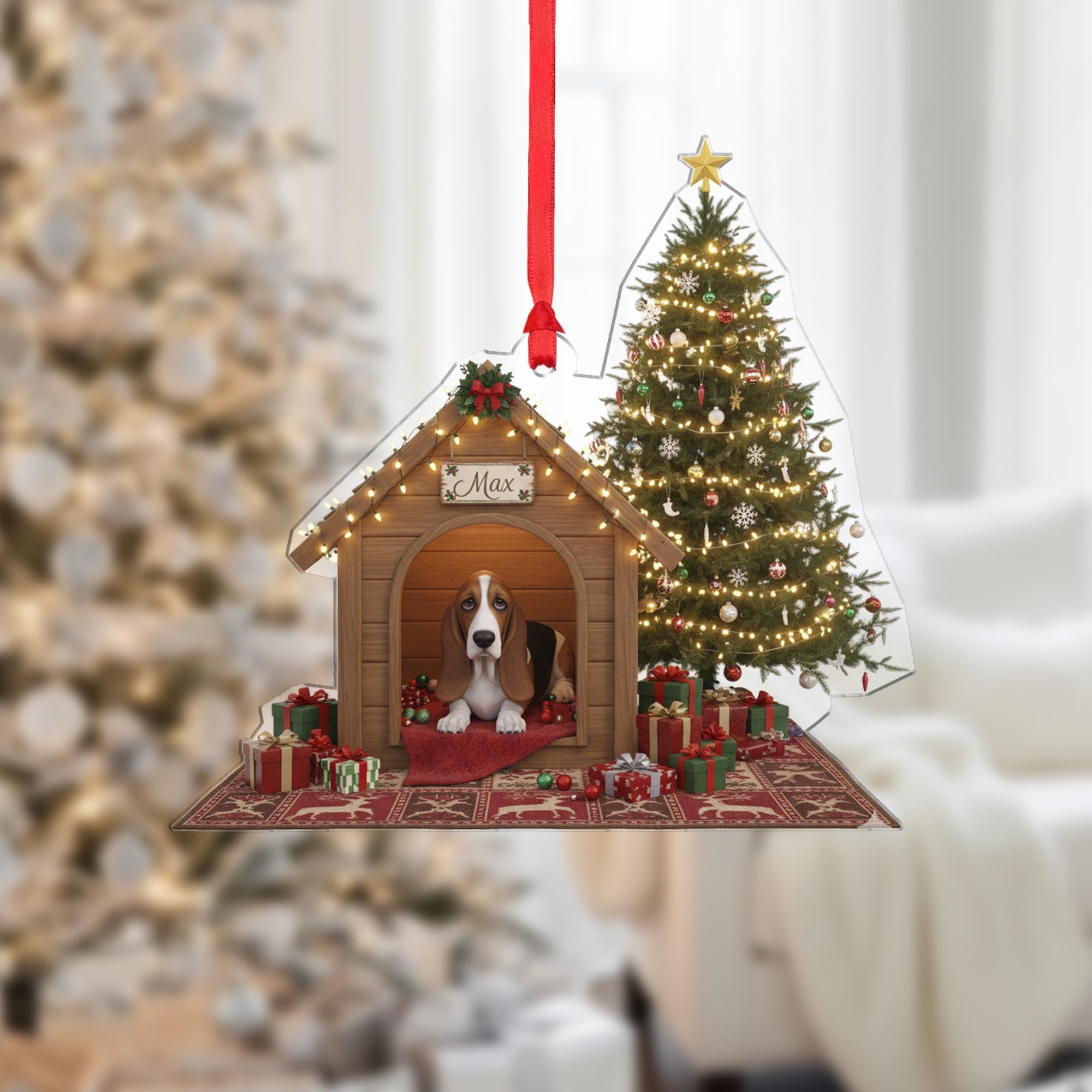 Personalized Acrylic Christmas Ornament: Basset Hound, Custom Name Doghouse, Light-Up Scene image 1