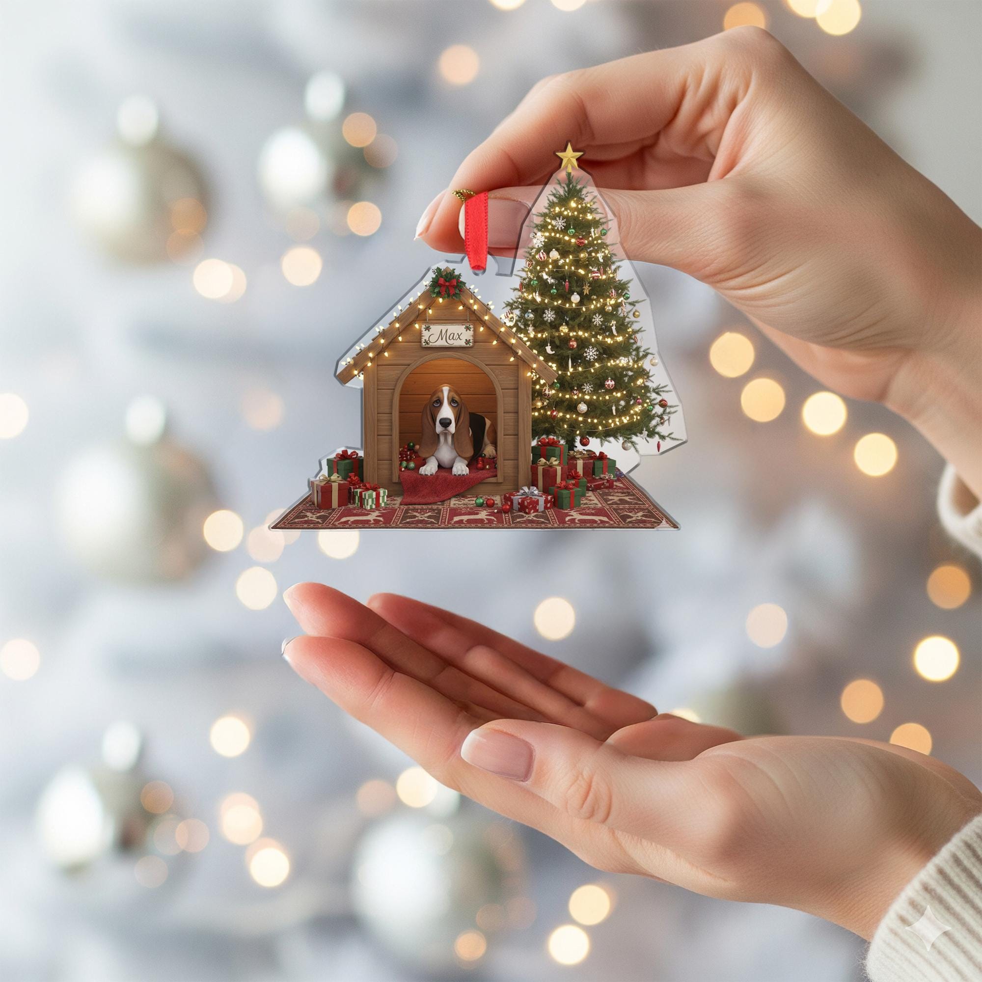 Personalized Acrylic Christmas Ornament: Basset Hound, Custom Name Doghouse, Light-Up Scene image 4