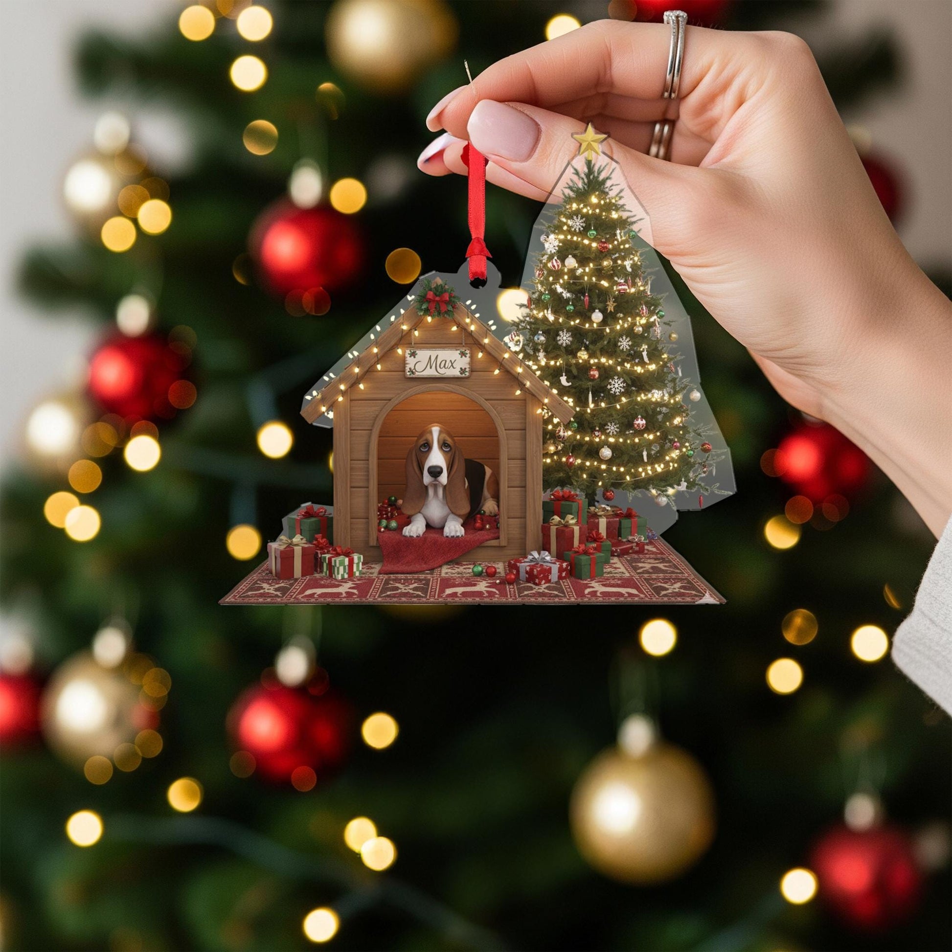 Personalized Acrylic Christmas Ornament: Basset Hound, Custom Name Doghouse, Light-Up Scene image 7