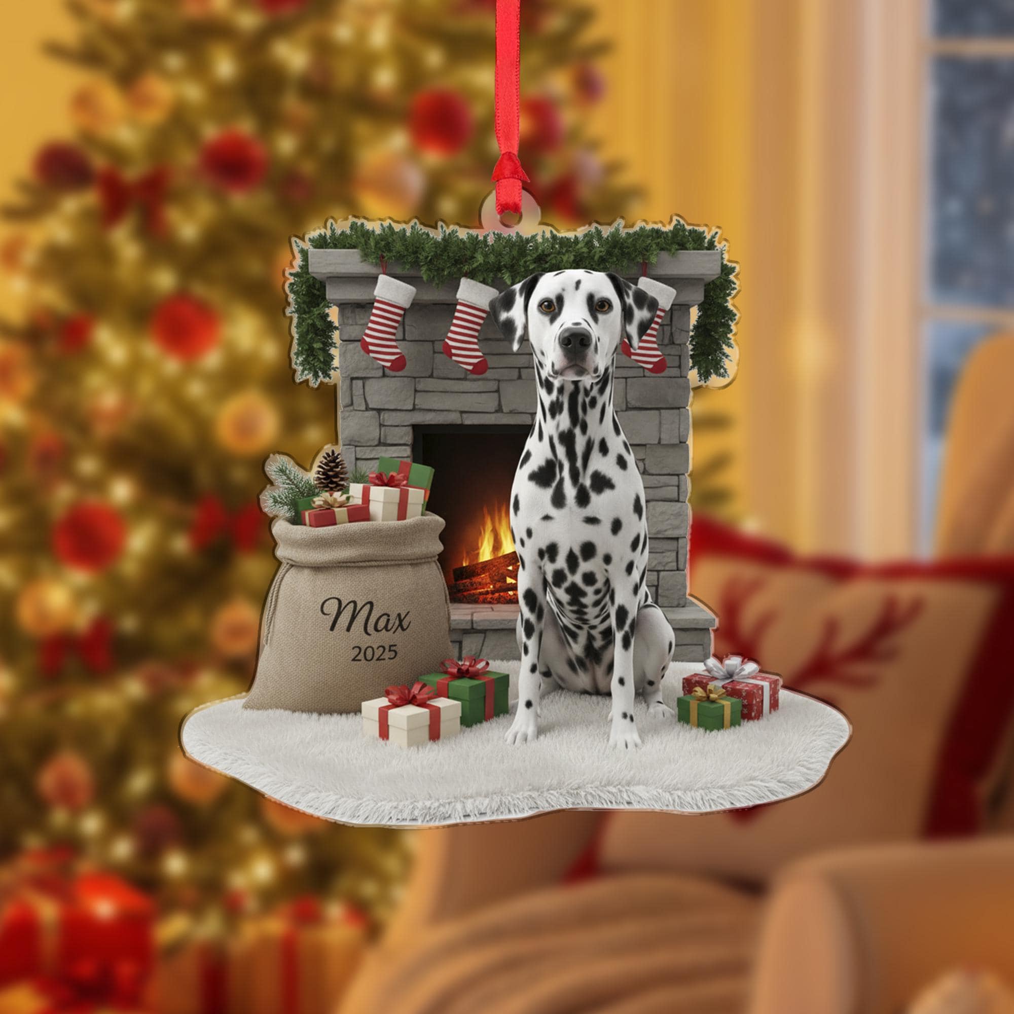 Personalized Acrylic Christmas Ornament: Dalmatian Dog, Custom Name Santa Sack, Fireplace Scene image 1