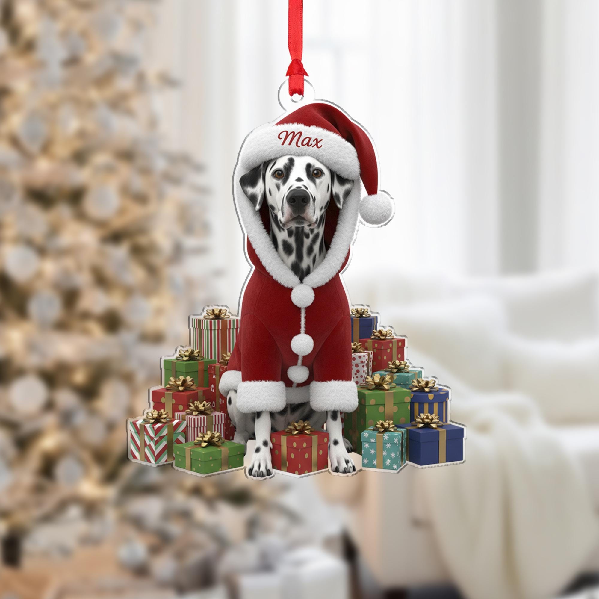 Personalized Acrylic Christmas Ornament: Dalmatian Dog, Custom Name Hat, Santa Suit image 2