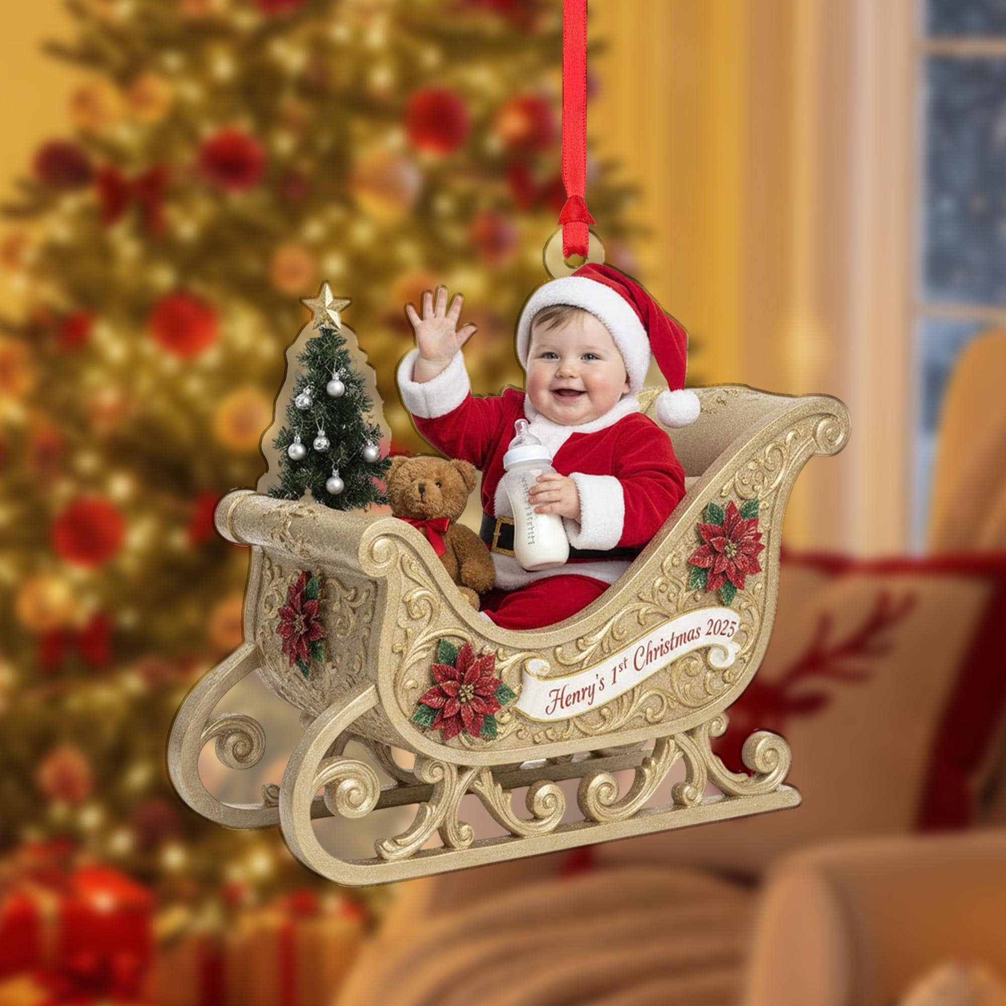 Personalized Acrylic Ornament: Santa Sleigh, Custom Photo Insert, Baby's 1st Christmas image 2