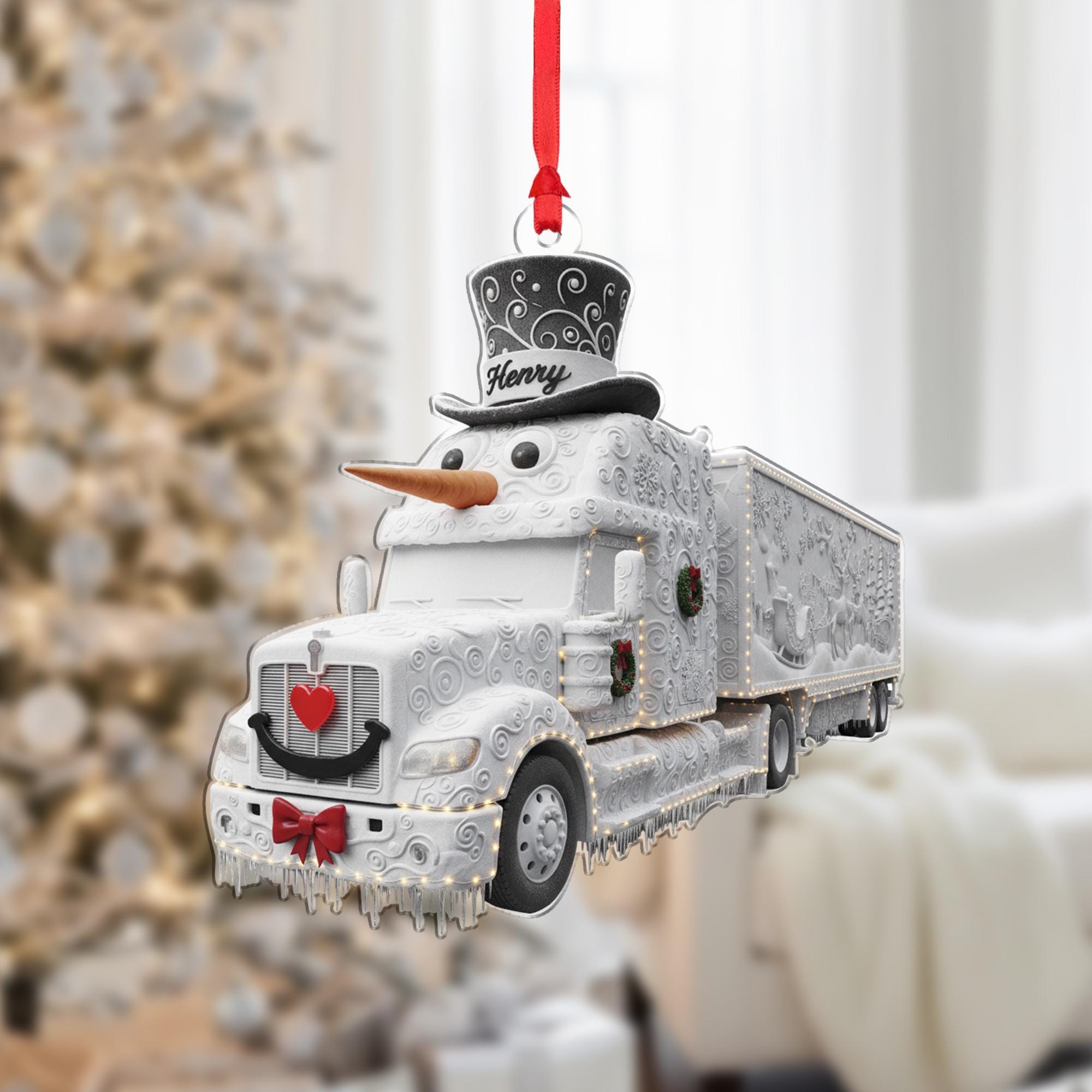 Personalized Acrylic Ornament: Snowman Semi Truck, Custom Name Hat, Frosted Detailing image 2