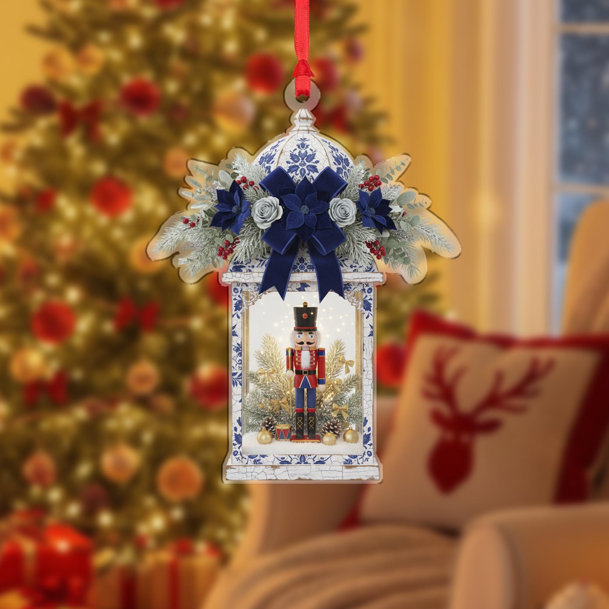 Acrylic Christmas Ornament: Nutcracker Lantern, Chinoiserie Style, Blue and White Decor image 1