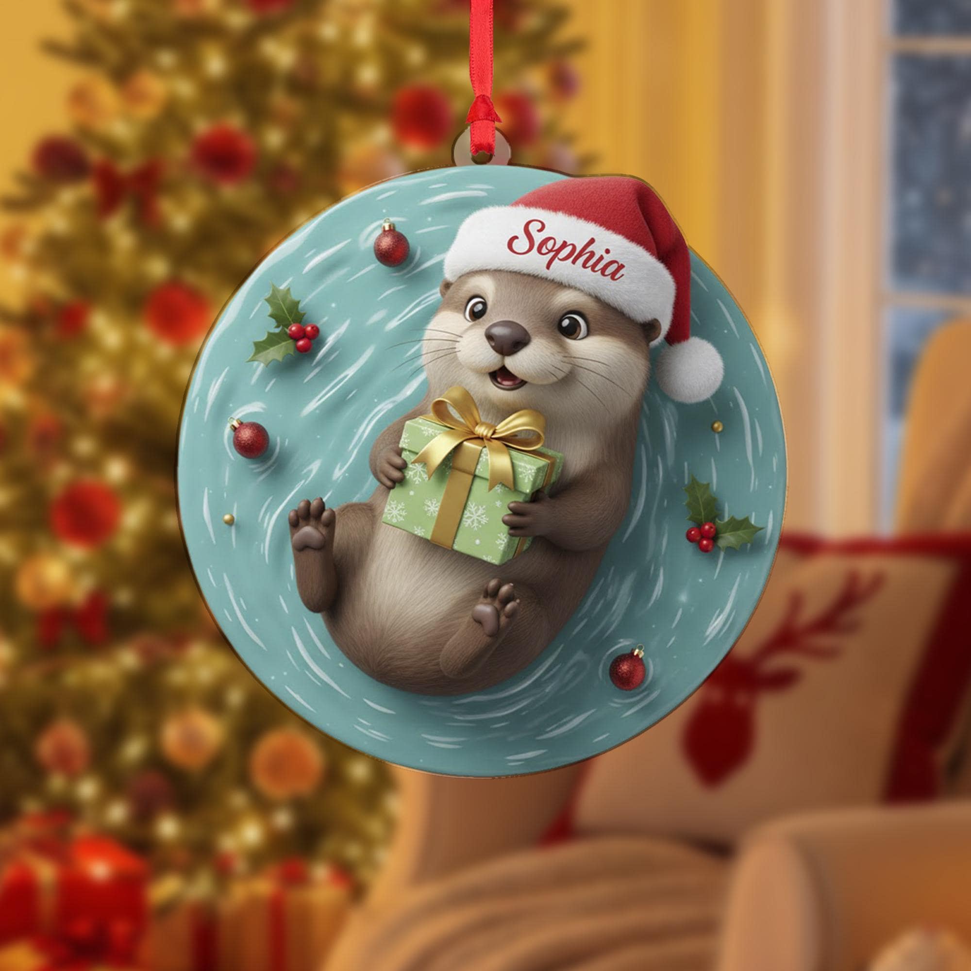Personalized Acrylic Christmas Ornament: Floating Otter, Custom Name Santa Hat image 1