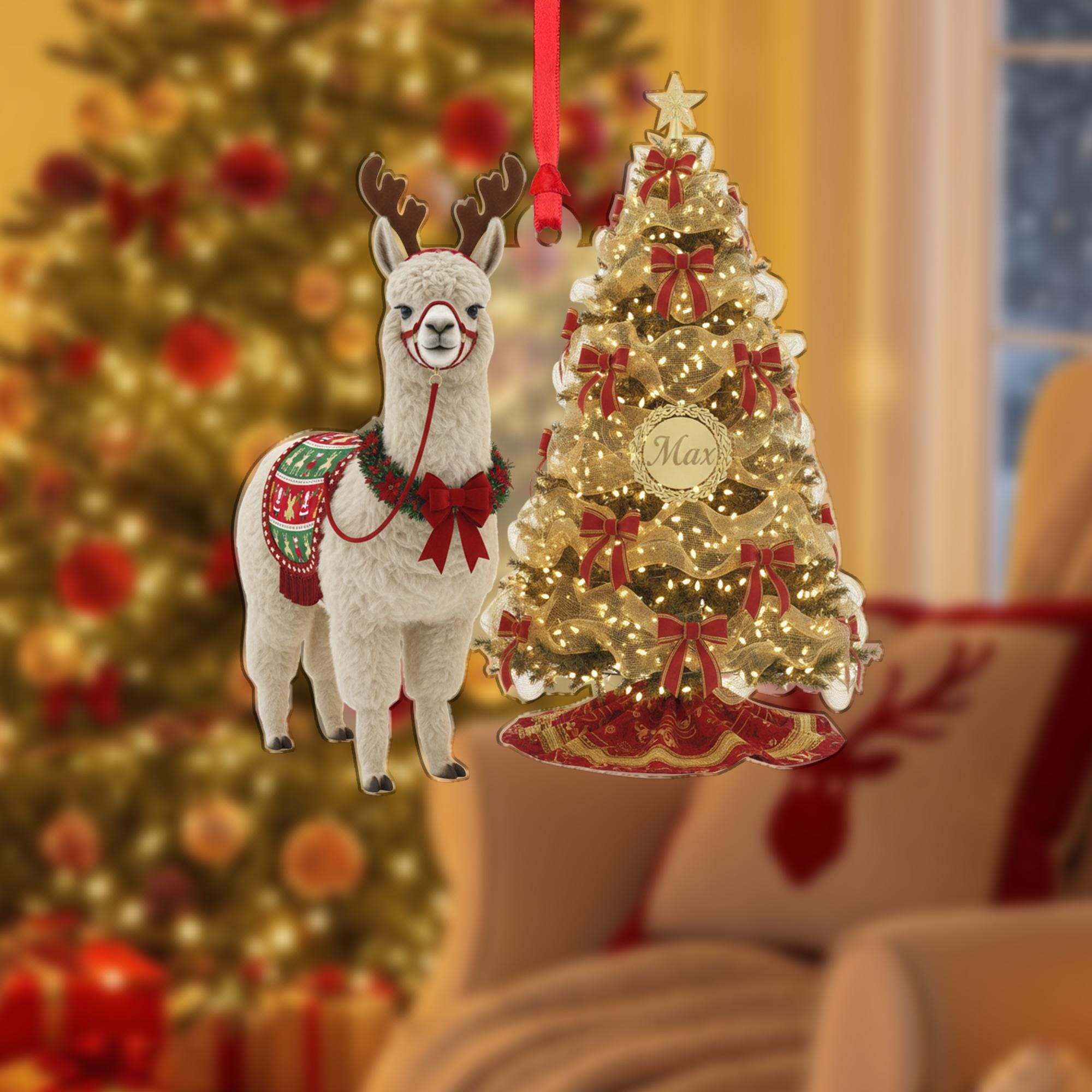 Personalized Acrylic Ornament: Christmas Alpaca, Custom Name Tree, Reindeer Antlers image 2