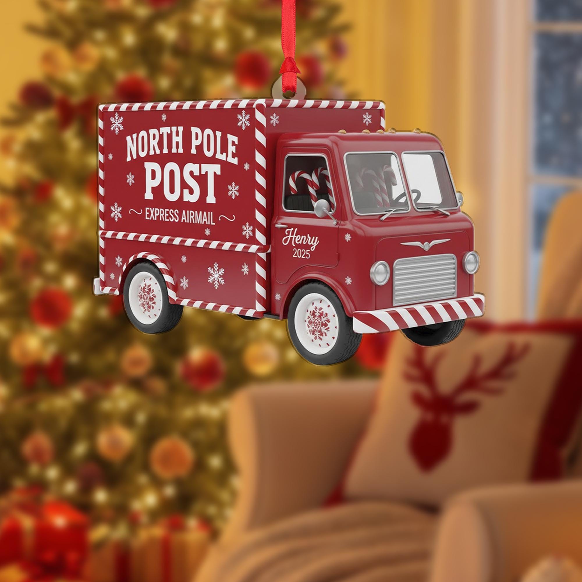 Personalized Acrylic Ornament: North Pole Post Truck, Custom Name, 2025, Express Airmail image 2