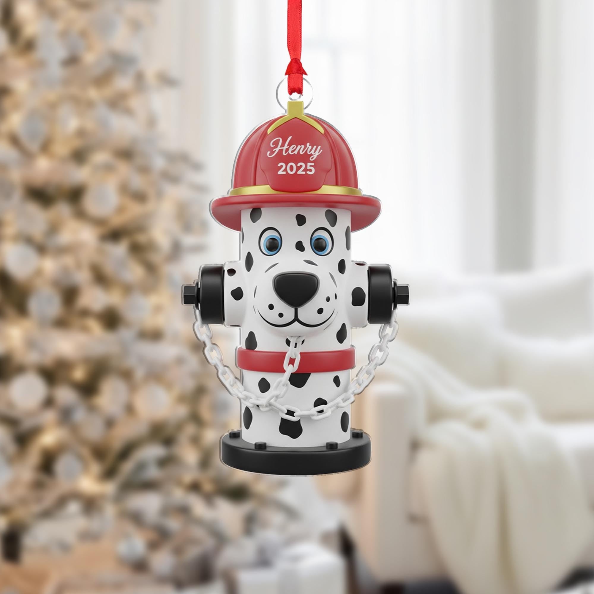 Personalized Acrylic Ornament: Dalmatian Fire Hydrant, Custom Name Helmet, 2025 image 1