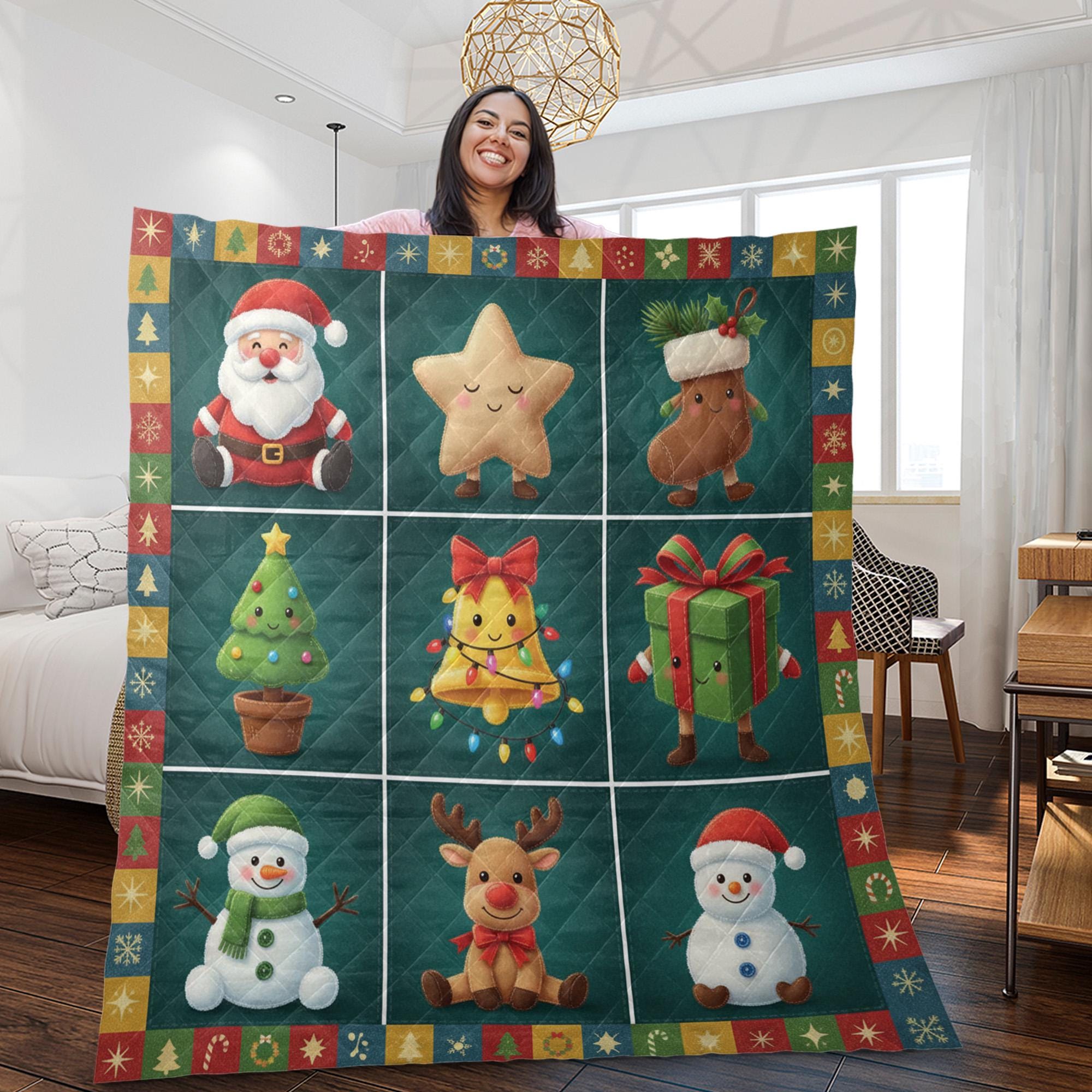 Christmas Quilt Blanket: Festive Character Grid, Santa Reindeer Snowman, Holiday Throw image 2