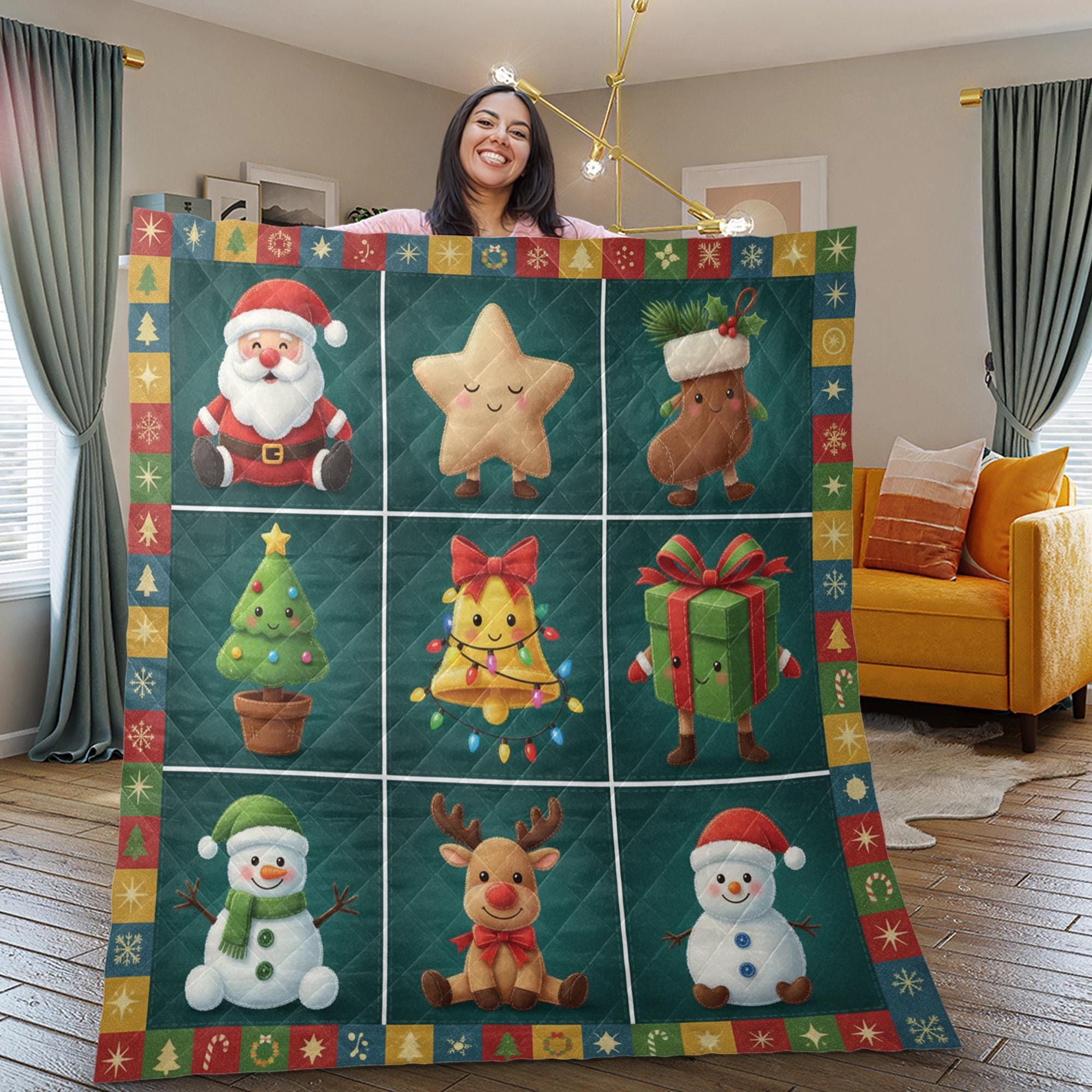 Christmas Quilt Blanket: Festive Character Grid, Santa Reindeer Snowman, Holiday Throw image 1