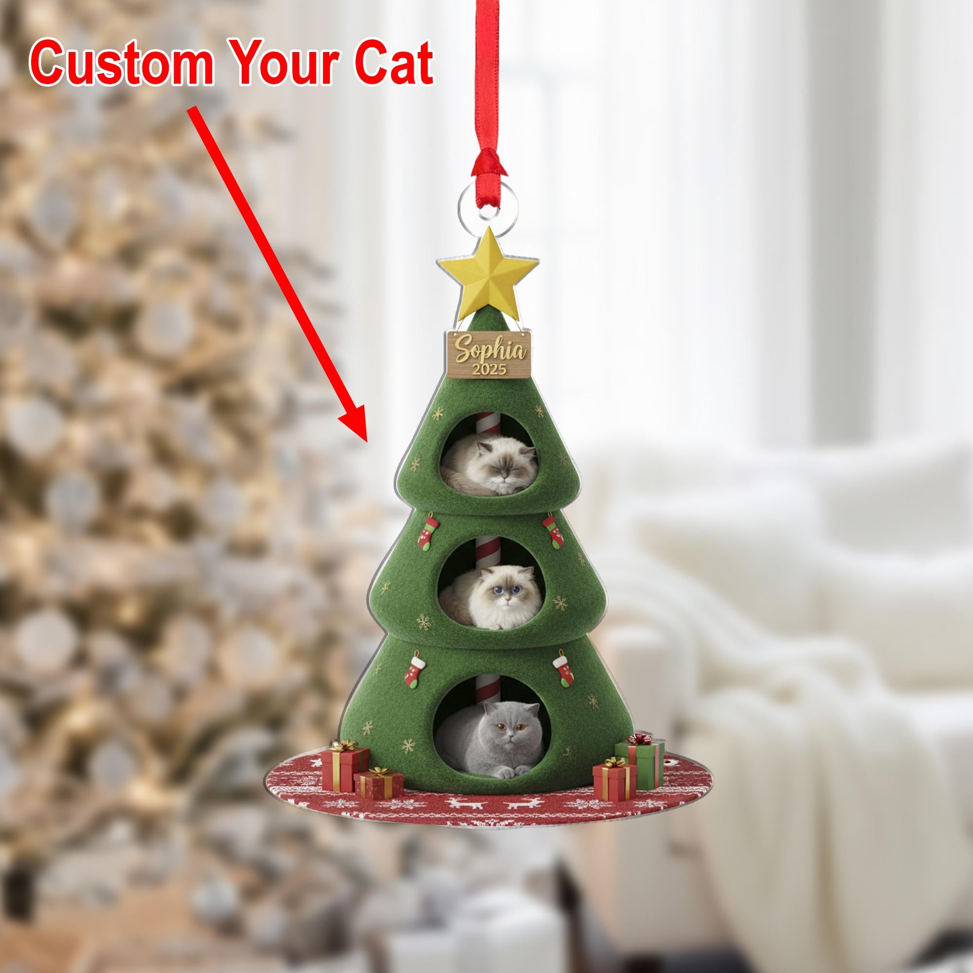 Personalized Cat Photo Ornament: Christmas Tree, Custom Name, Acrylic image 1