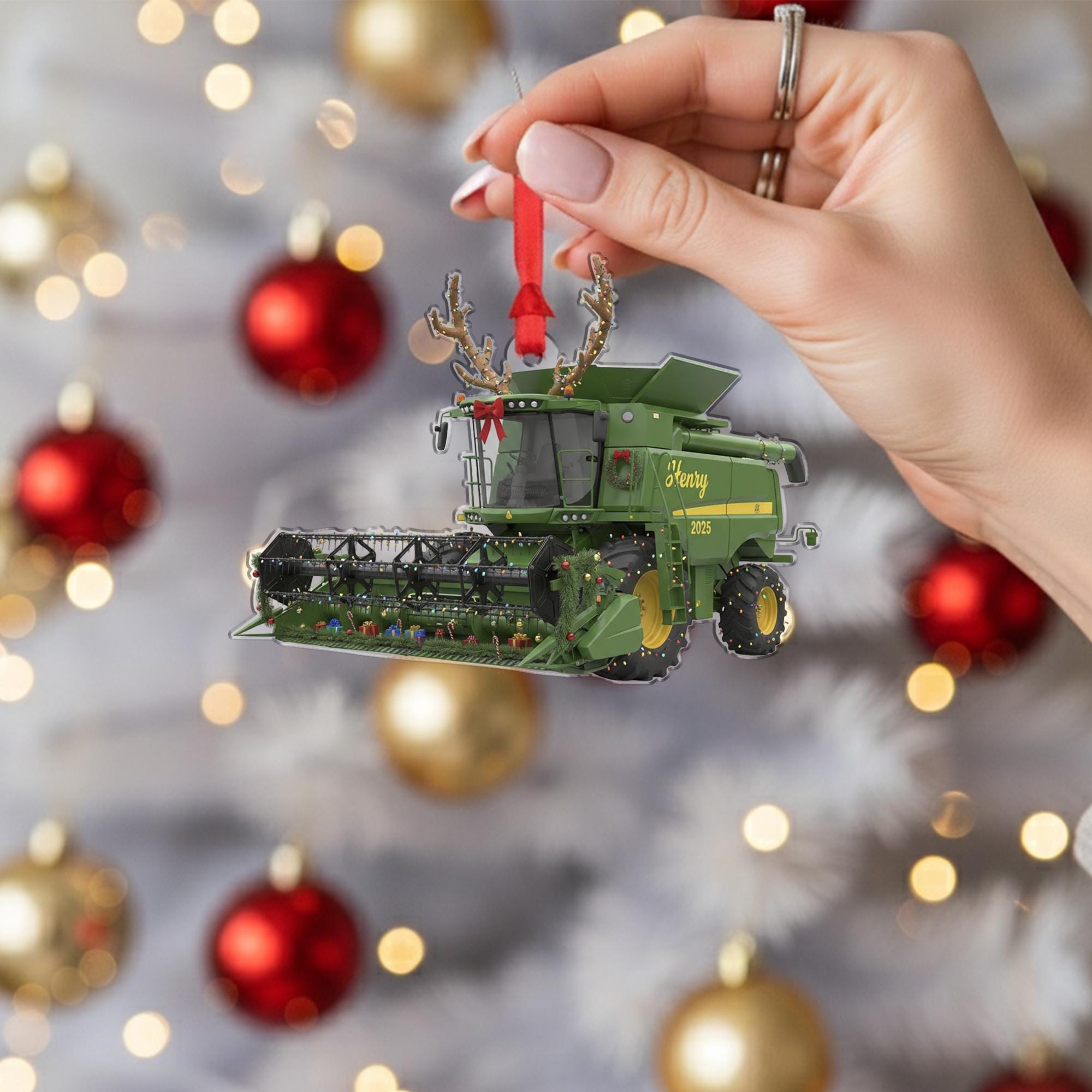 Personalized Acrylic Ornament: Combine Harvester, Custom Name, 2025, Farm Equipment image 1