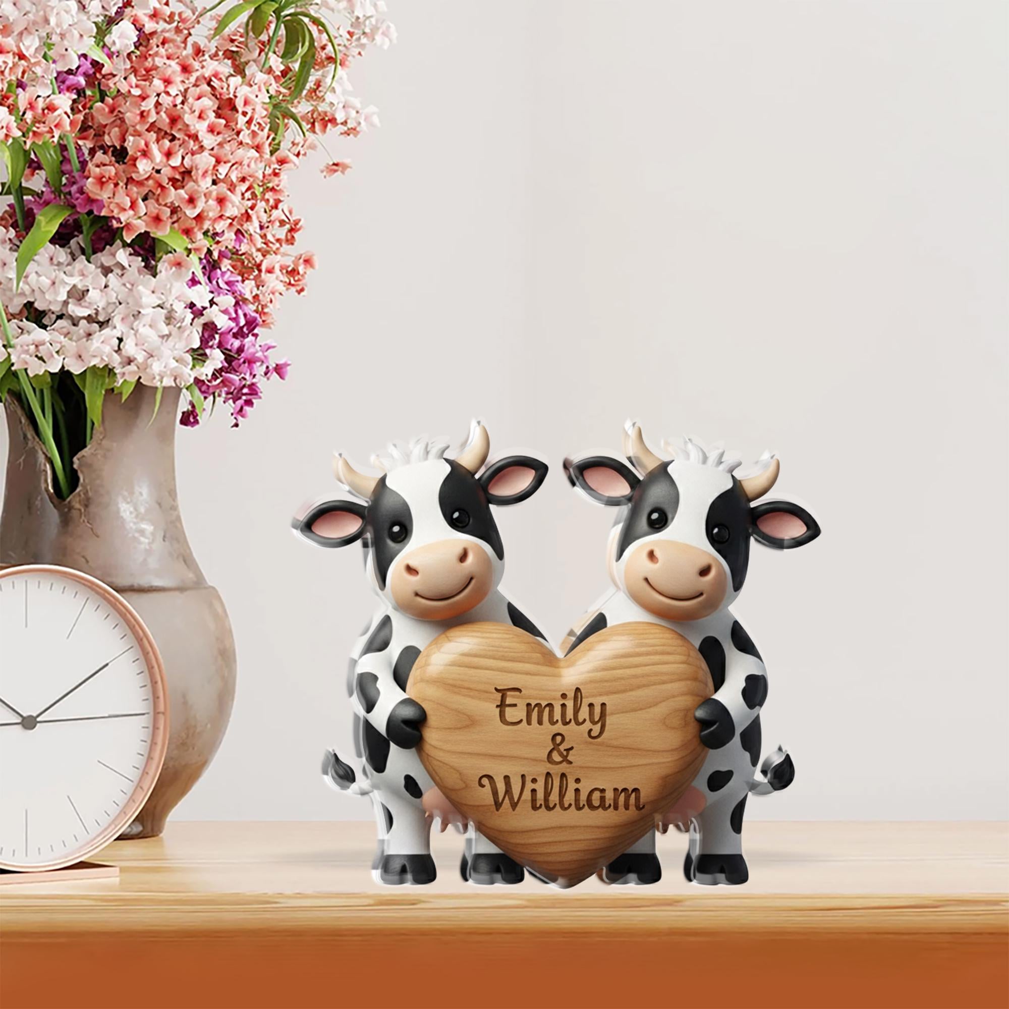 Personalized Cow Couple Acrylic Block with Heart Name Plaque, Farmhouse Desk Decor image 1