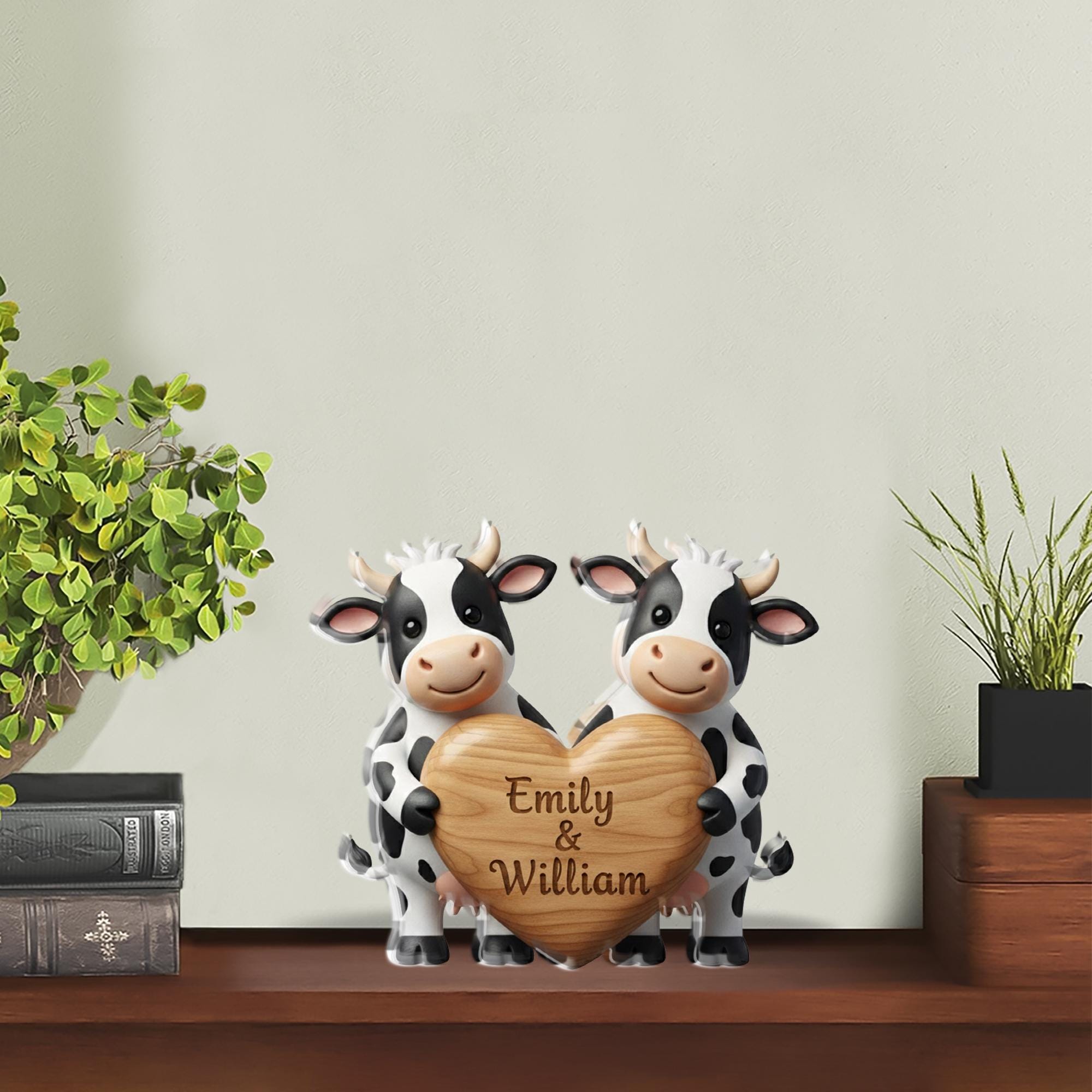 Personalized Cow Couple Acrylic Block with Heart Name Plaque, Farmhouse Desk Decor image 2