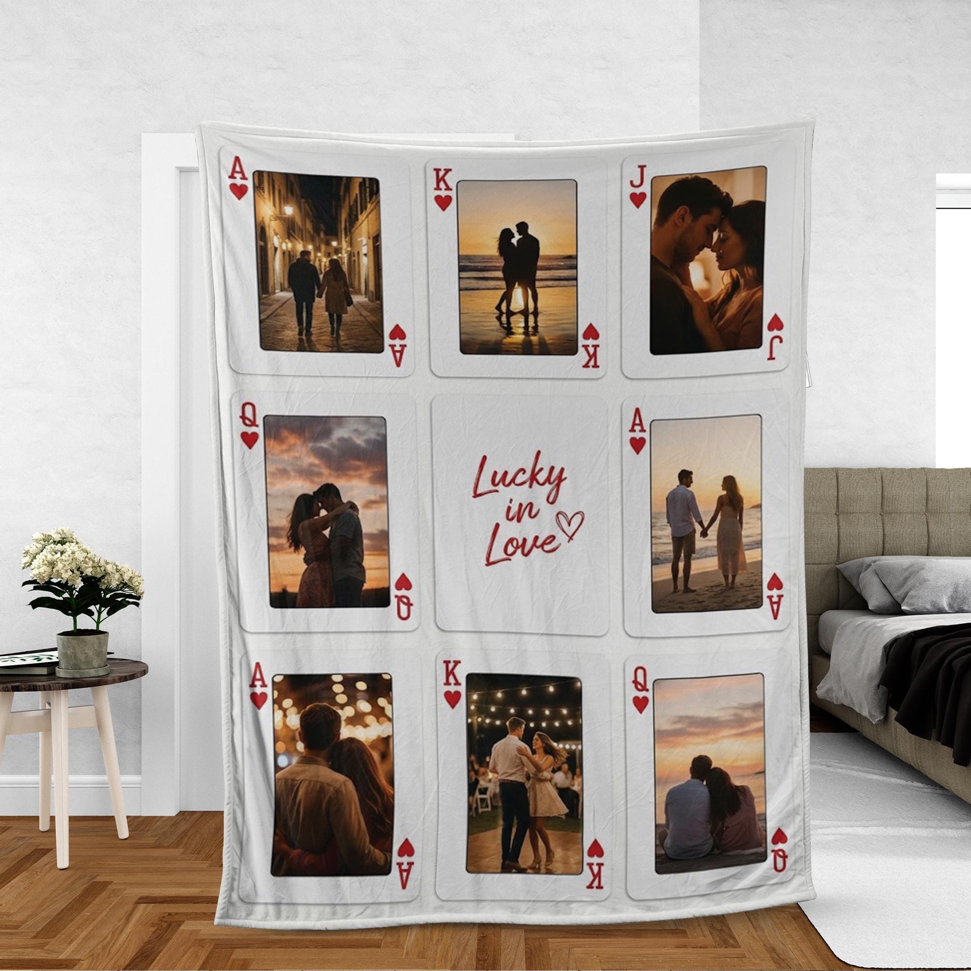 Personalized Couple Fleece Blanket: Playing Card Grid, Romantic Photo Collage image 1