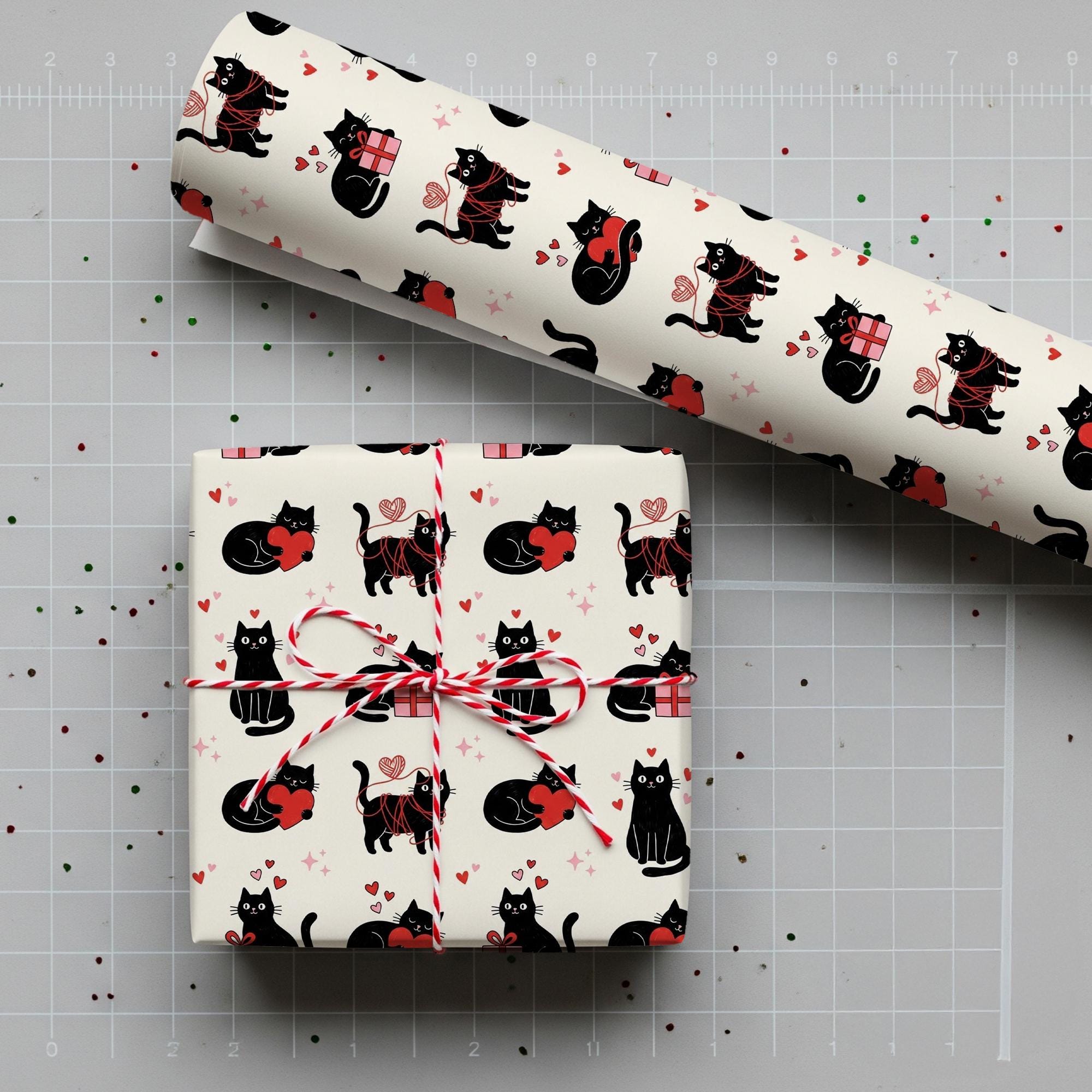 Valentine Wrapping Paper: Black Cat Pattern, Cream Background, Heart Motif image 1