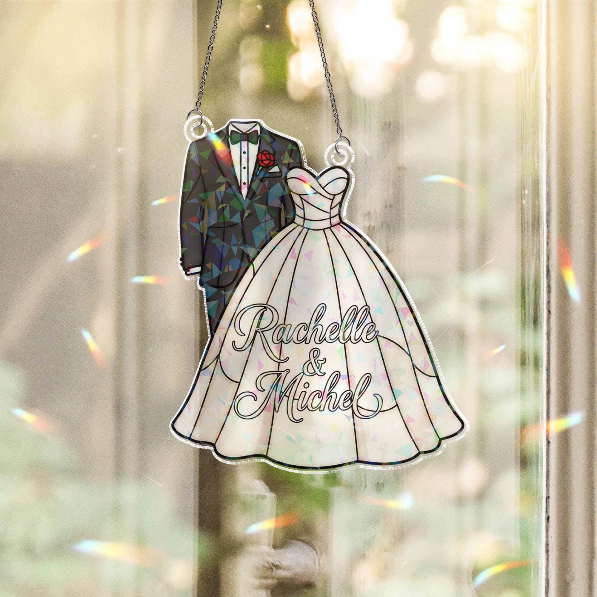 Holographic Acrylic Suncatcher: Wedding Dress and Tuxedo Design, Hanging Window Decoration image 1