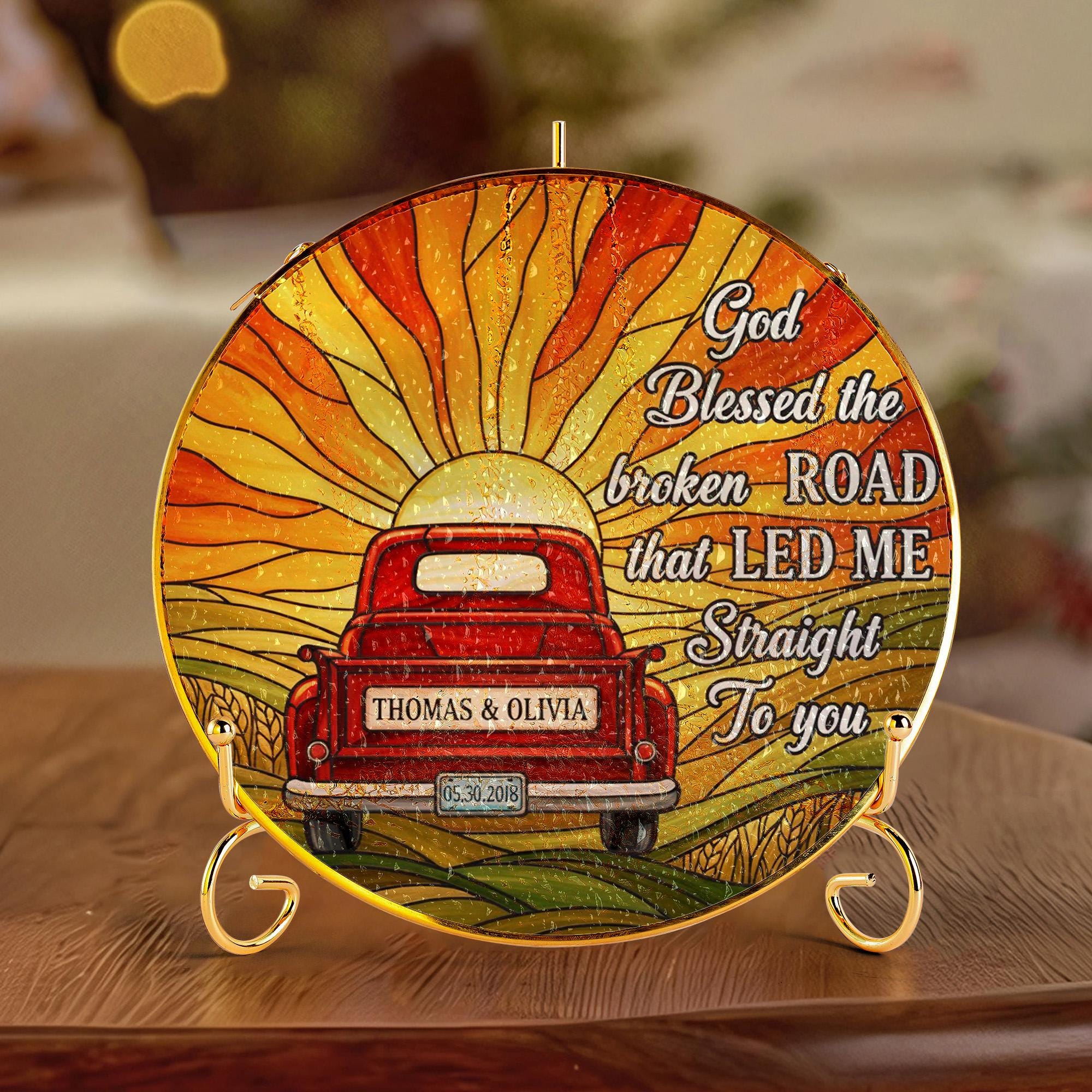 Glass Suncatcher: Vintage Truck Landscape, Personalized Couple Name and Date Design With Stand
